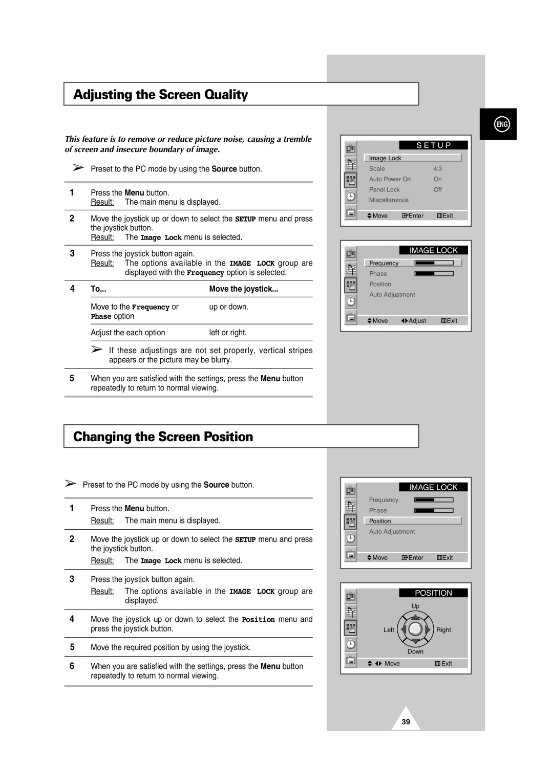 Samsung PS42P2S manual Adjusting the Screen Quality, Changing the Screen Position, Phase option 