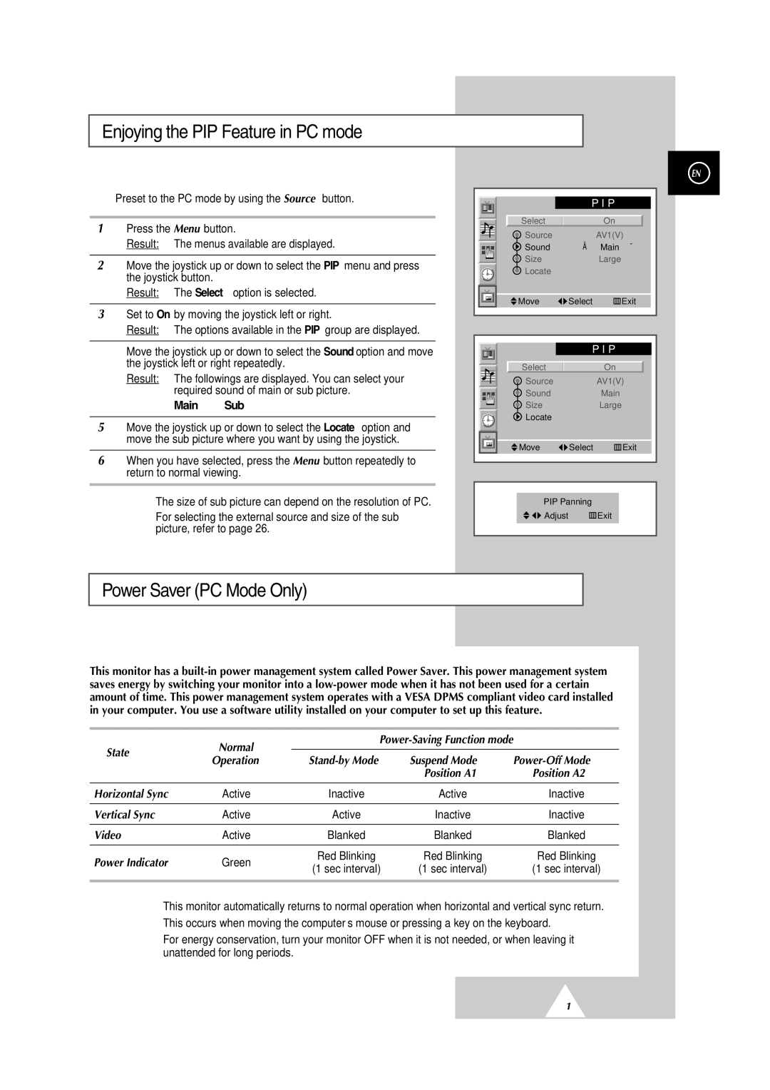 Samsung PS42P2S manual Enjoying the PIP Feature in PC mode, Power Saver PC Mode Only 