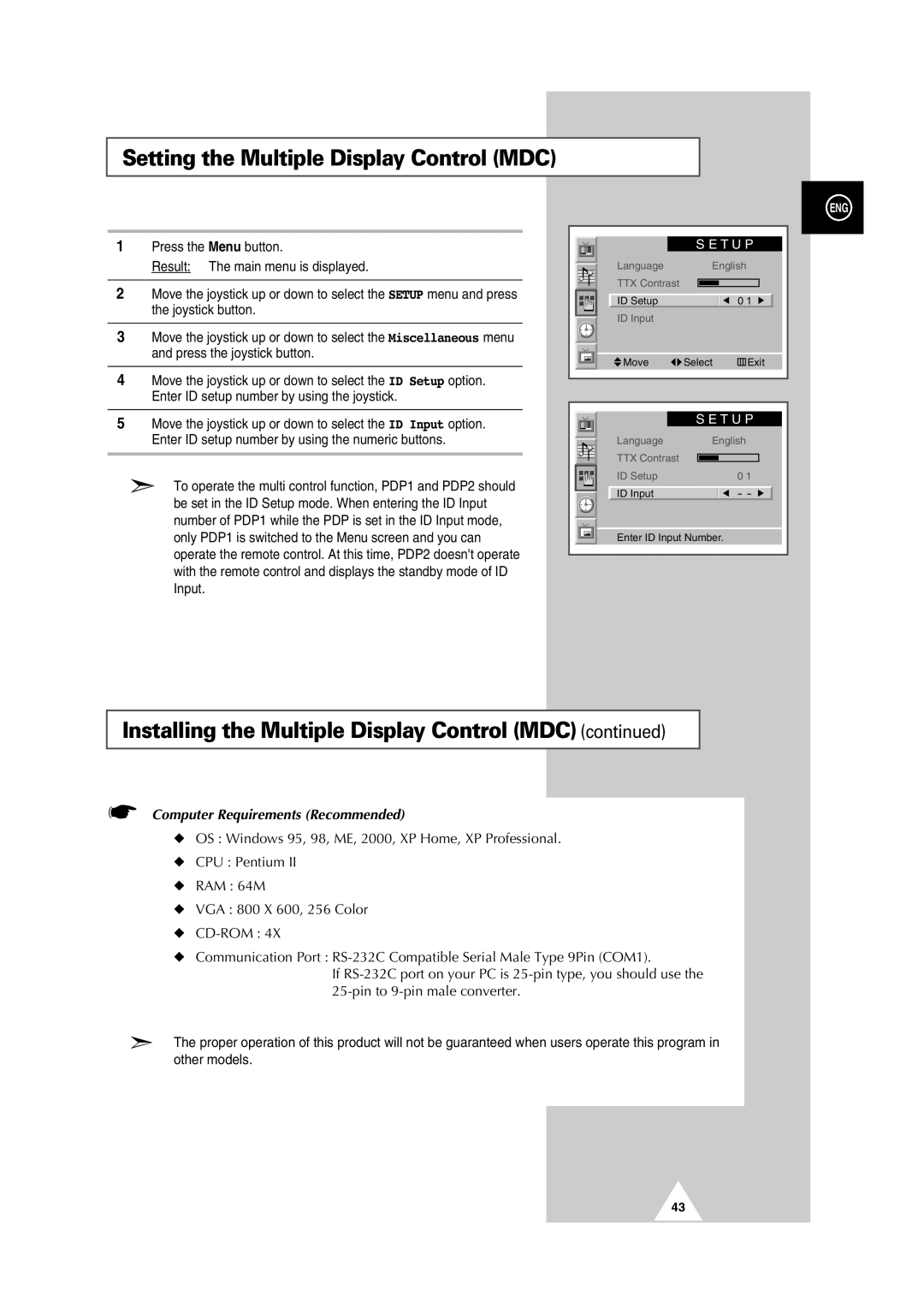 Samsung PS42P2S manual Setting the Multiple Display Control MDC, Installing the Multiple Display Control MDC 