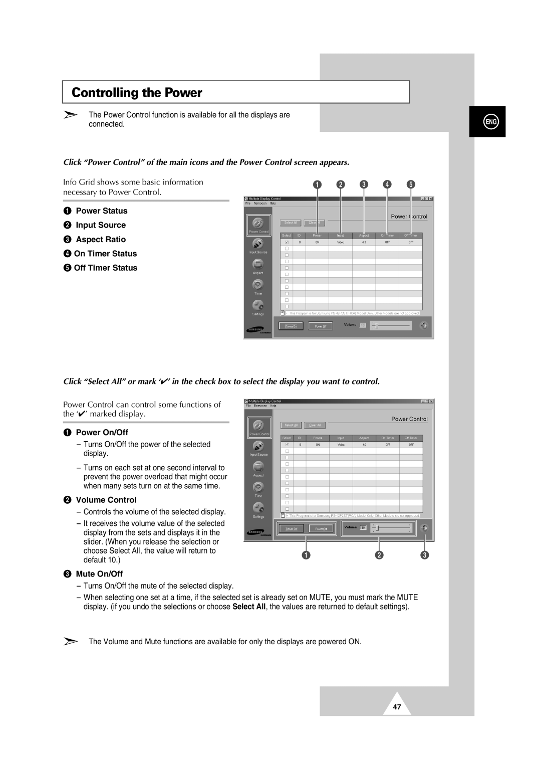 Samsung PS42P2S manual Controlling the Power, Power On/Off, ´ Volume Control, Mute On/Off 