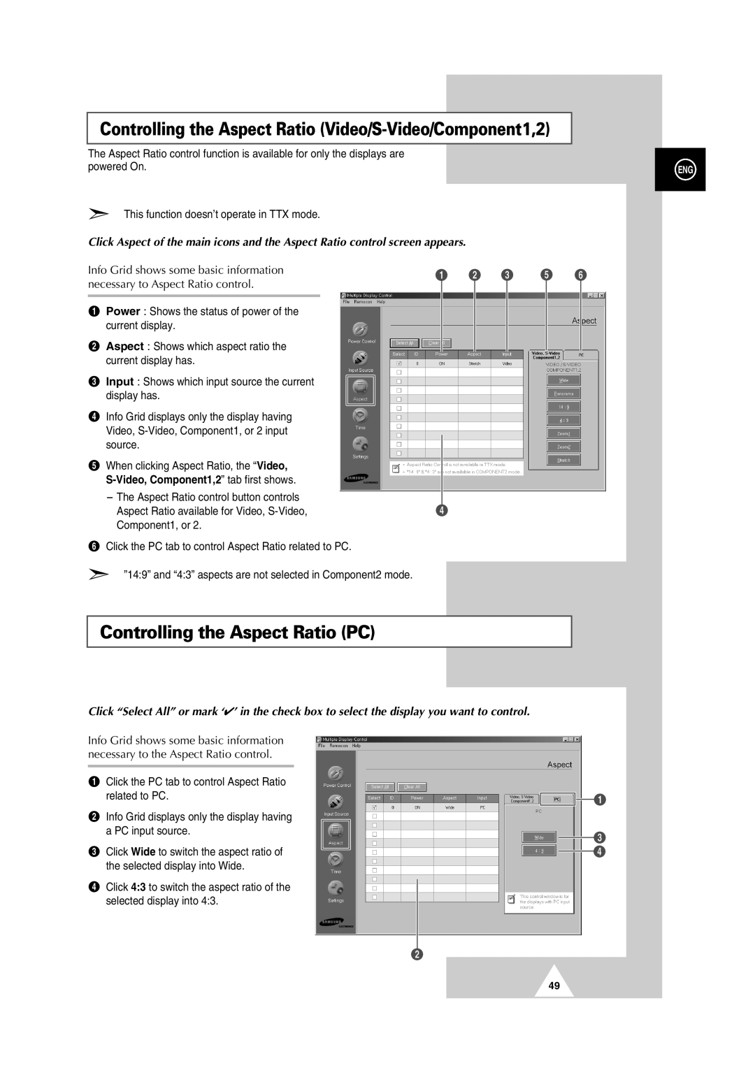 Samsung PS42P2S manual Controlling the Aspect Ratio Video/S-Video/Component1,2, Controlling the Aspect Ratio PC 