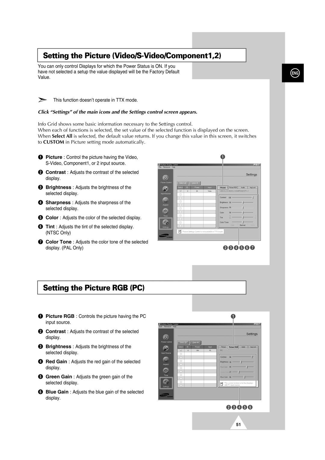 Samsung PS42P2S manual Setting the Picture Video/S-Video/Component1,2, Setting the Picture RGB PC 