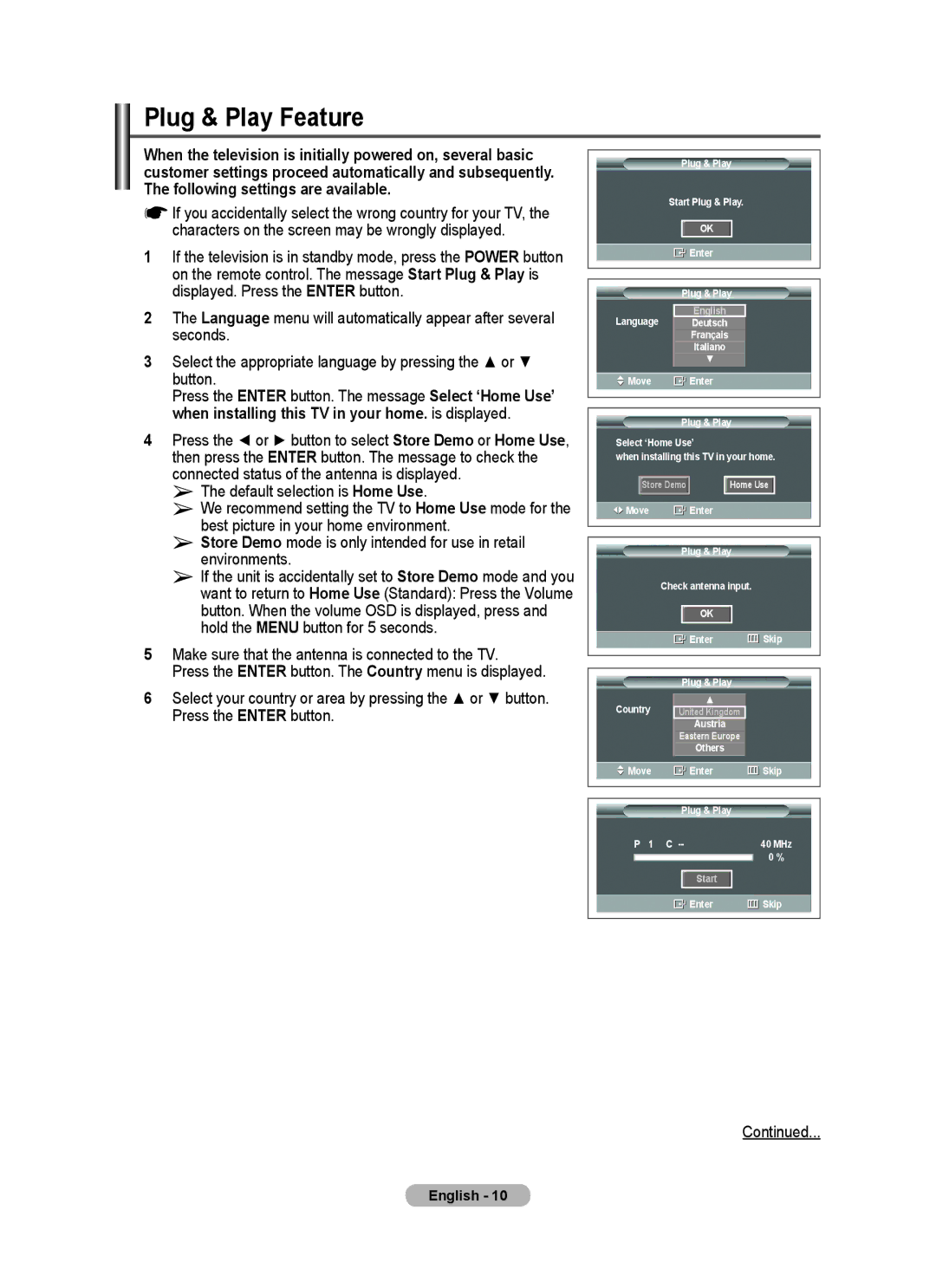 Samsung PS50A40 user manual Plug & Play Feature, Make sure that the antenna is connected to the TV, Press the Enter button 