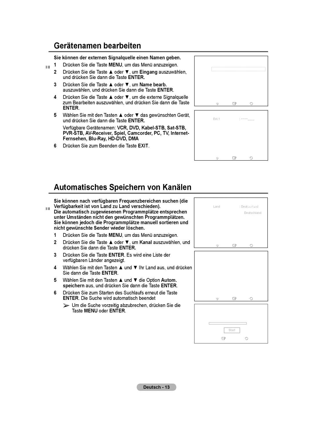 Samsung PS50A40 Gerätenamen bearbeiten, Automatisches Speichern von Kanälen, Drücken Sie zum Beenden die Taste Exit 