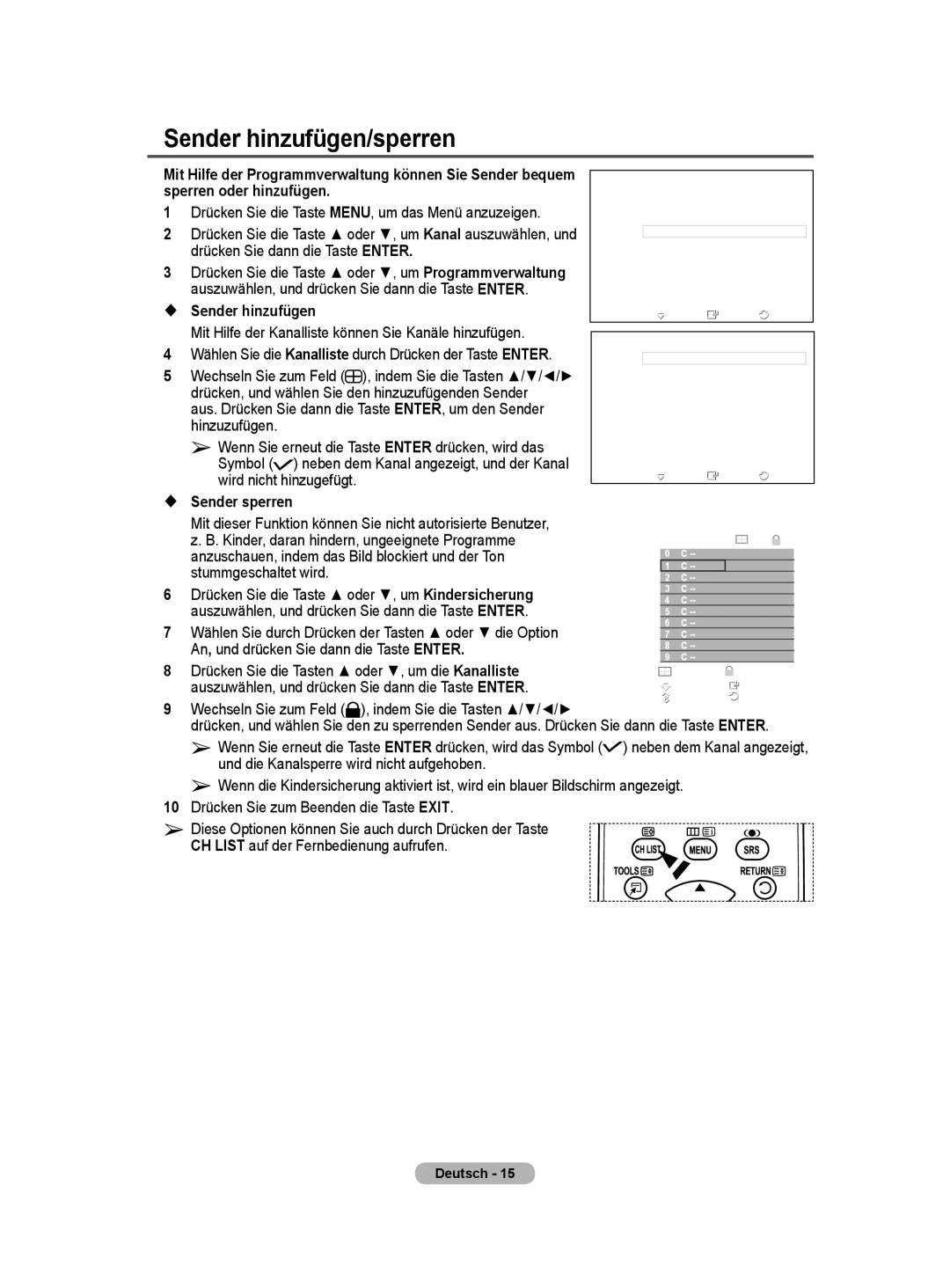 Samsung PS50A40 user manual Sender hinzufügen/sperren 