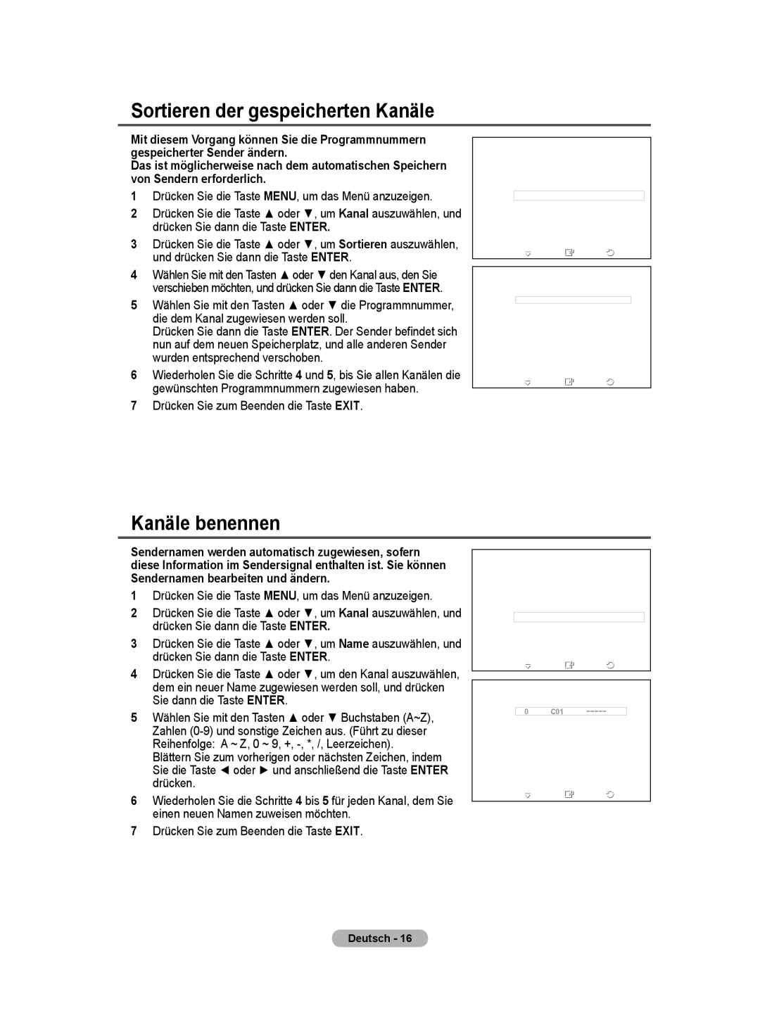 Samsung PS50A40 user manual Sortieren der gespeicherten Kanäle, Kanäle benennen 