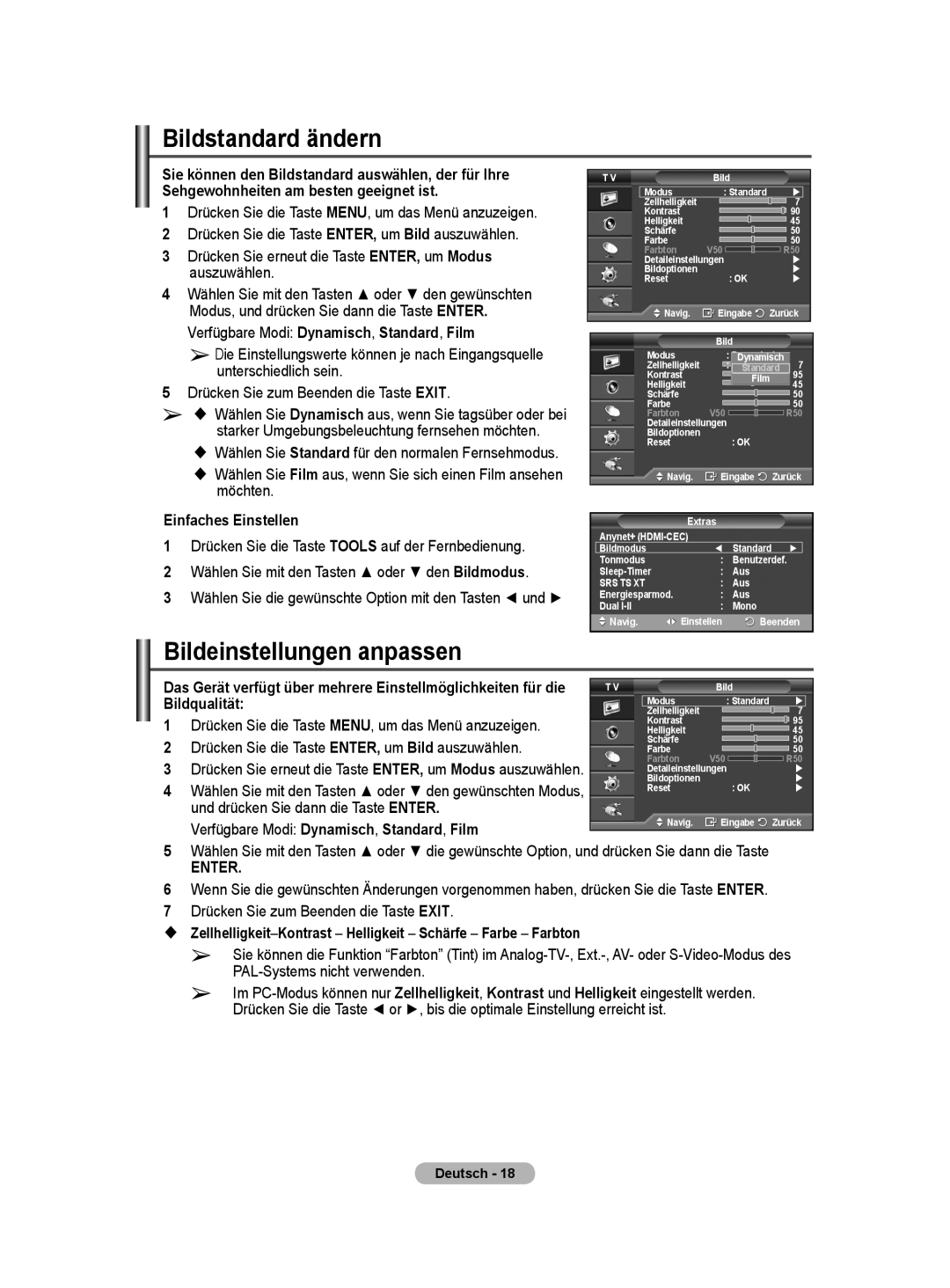 Samsung PS50A40 user manual Bildstandard ändern, Bildeinstellungen anpassen, Einfaches Einstellen 