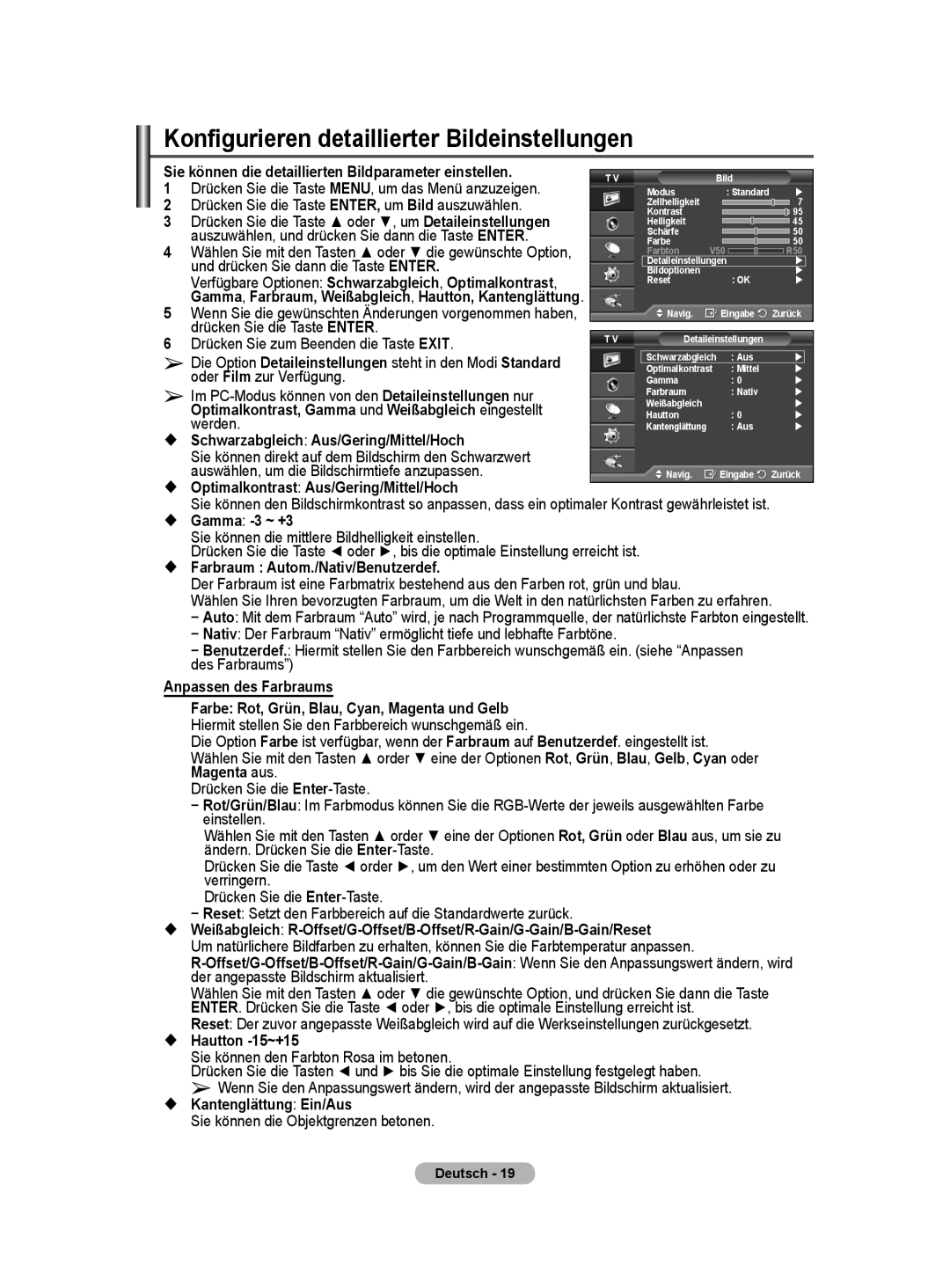 Samsung PS50A40 user manual Konfigurieren detaillierter Bildeinstellungen 