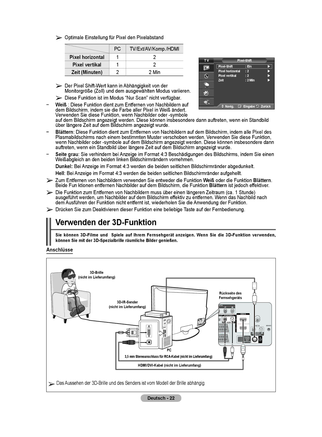Samsung PS50A40 Verwenden der D-Funktion, Optimale Einstellung für Pixel den Pixelabstand, Anschlüsse, Deutsch  