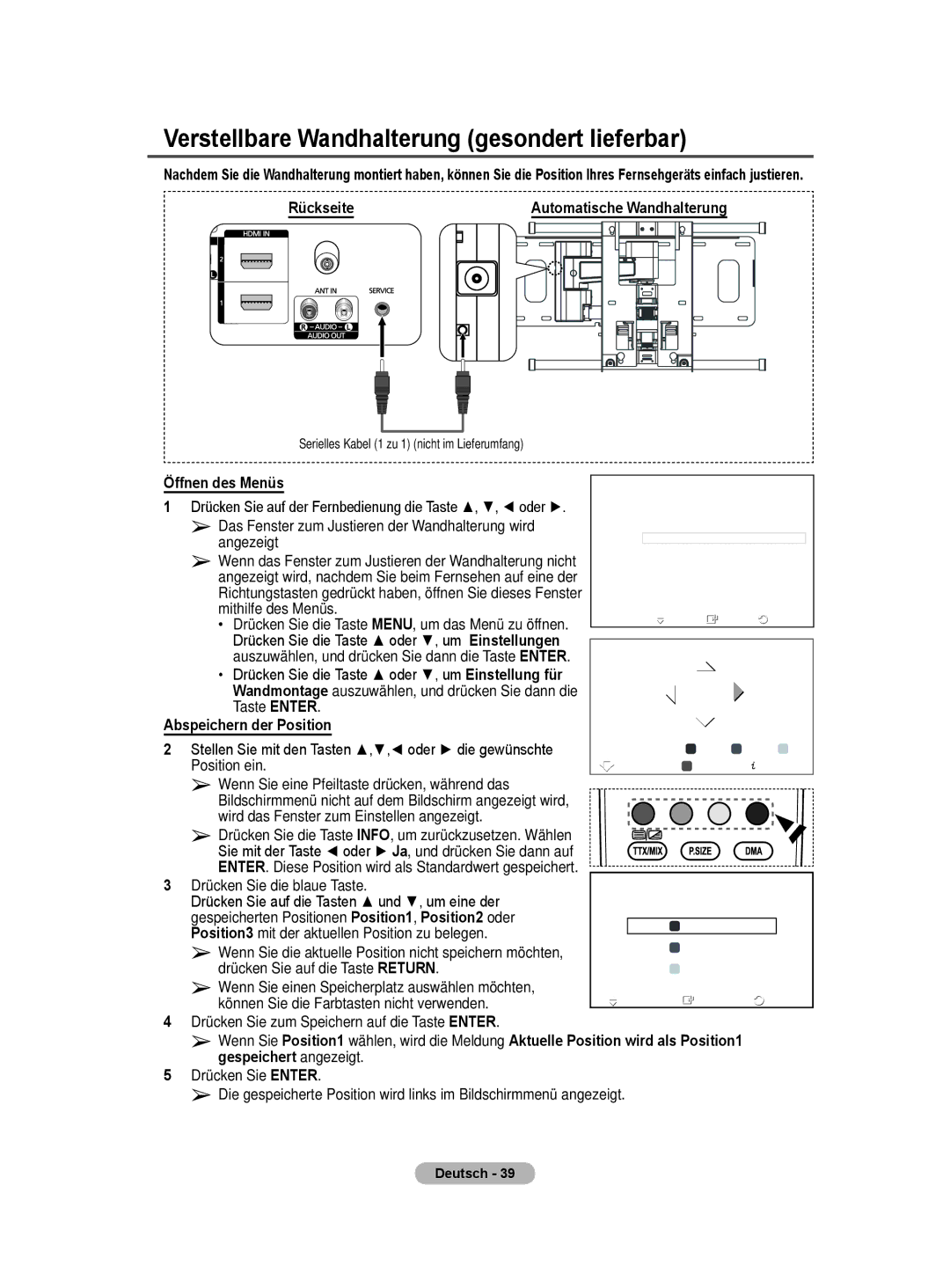 Samsung PS50A40 Verstellbare Wandhalterung gesondert lieferbar, Rückseite, Öffnen des Menüs, Abspeichern der Position 