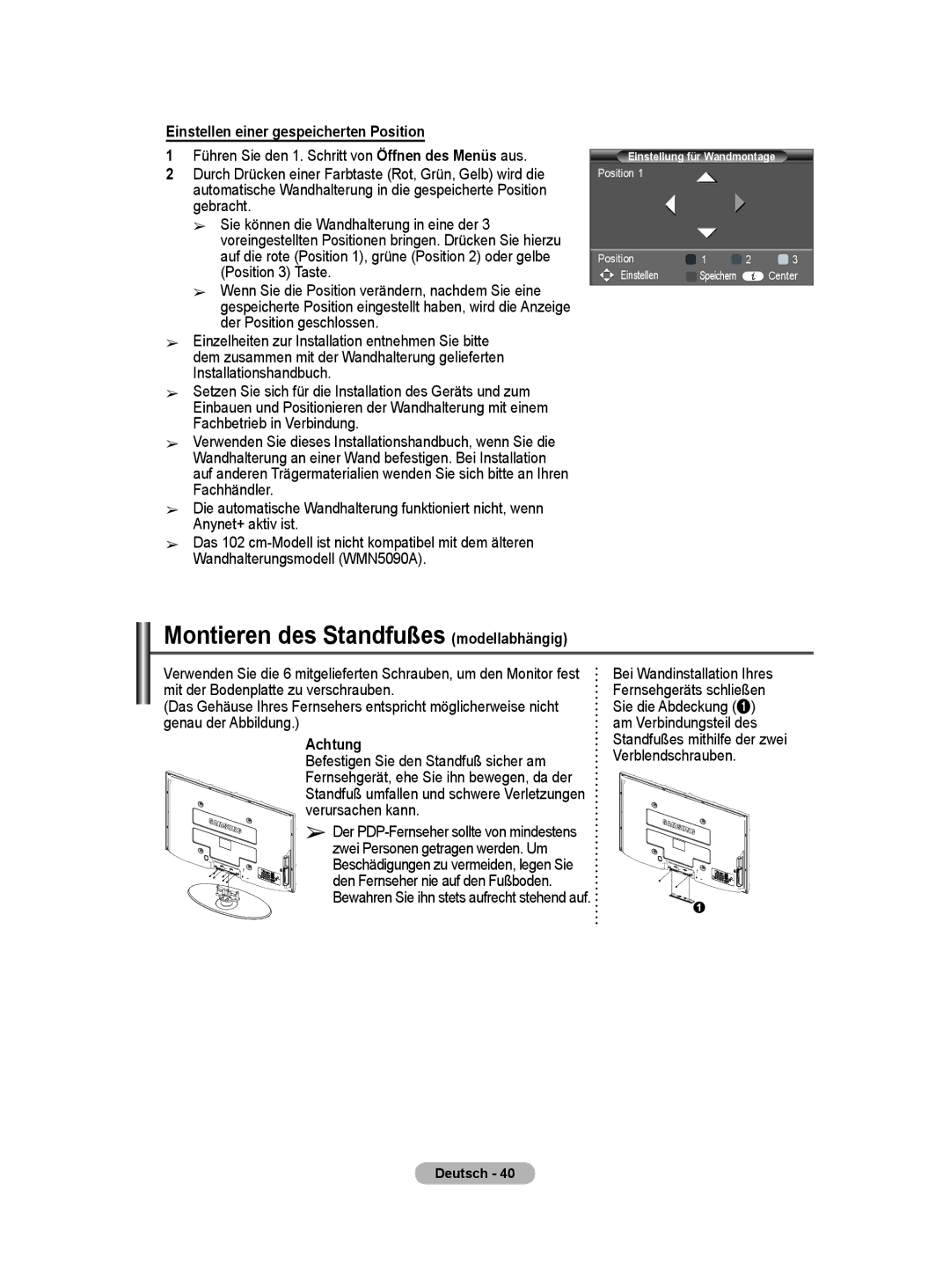 Samsung PS50A40 user manual Einstellen einer gespeicherten Position, Achtung 