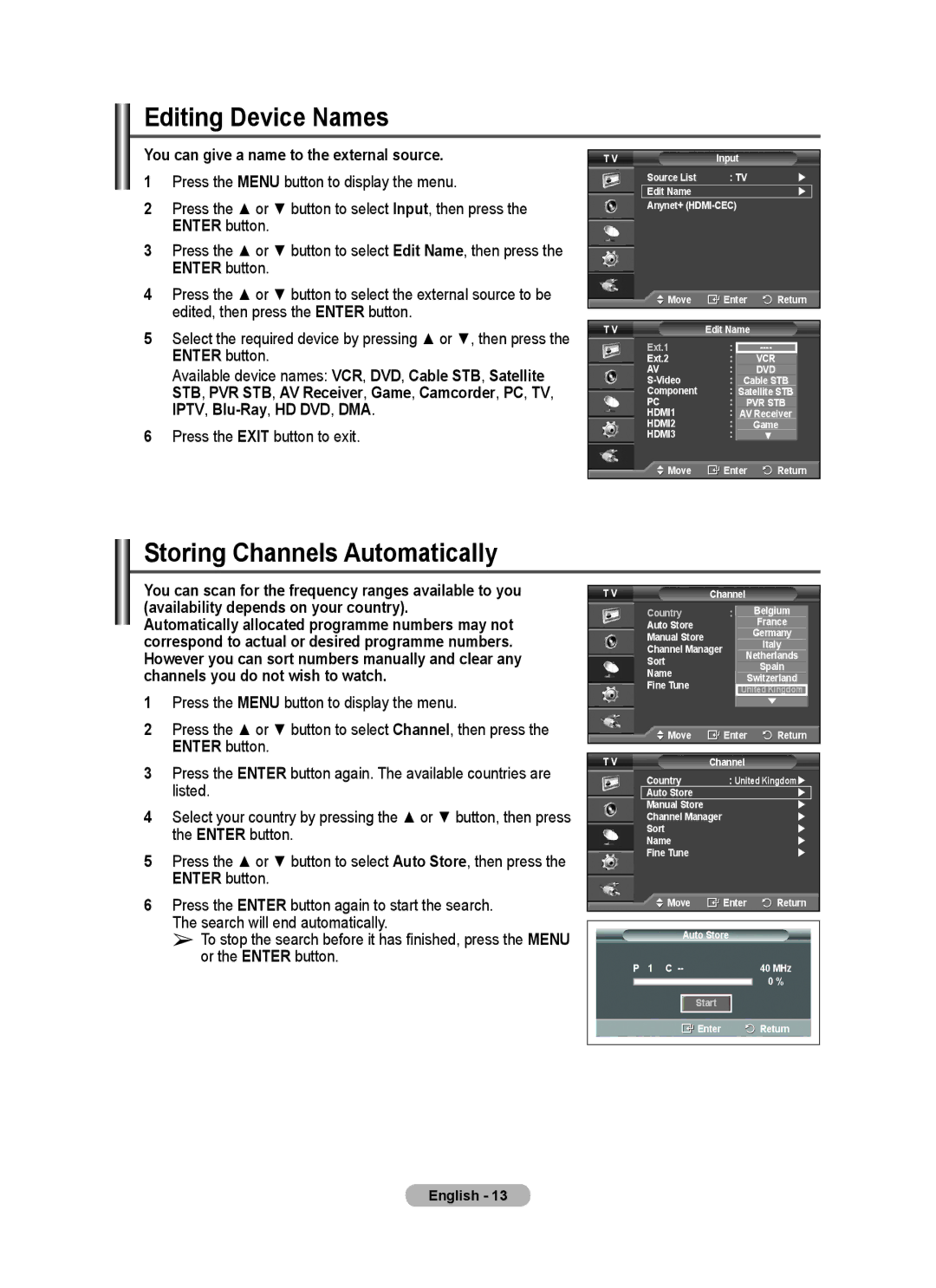 Samsung PS50A40 Editing Device Names, Storing Channels Automatically, You can give a name to the external source 