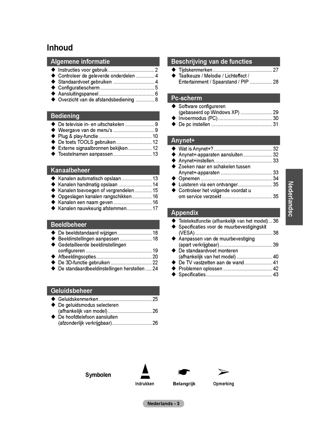 Samsung PS50A40 user manual Inhoud 