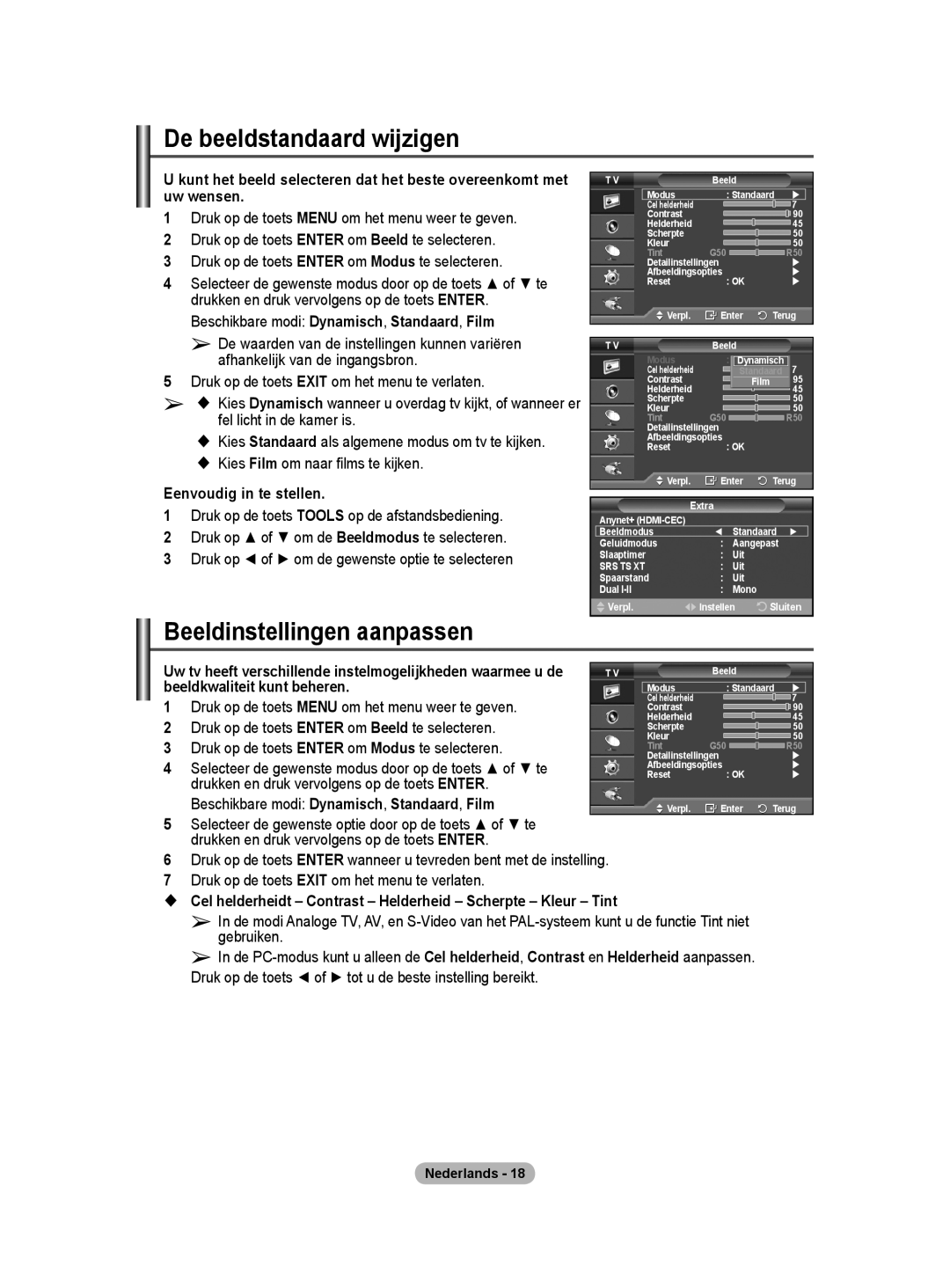 Samsung PS50A40 user manual De beeldstandaard wijzigen, Beeldinstellingen aanpassen 