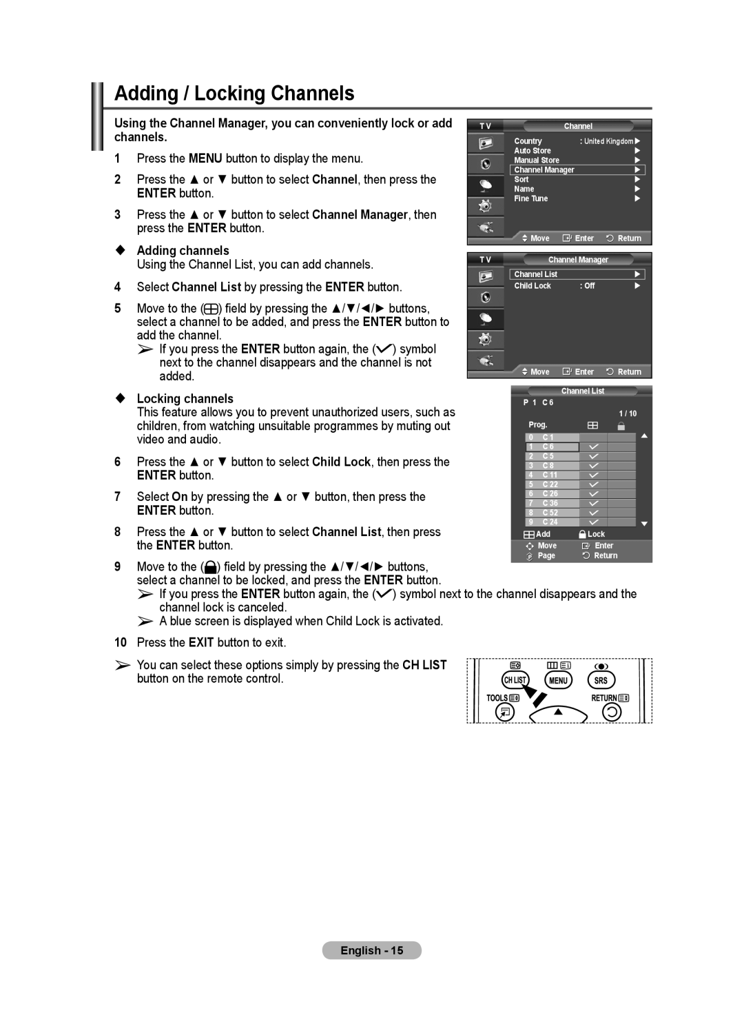 Samsung PS50A40 user manual Adding / Locking Channels 