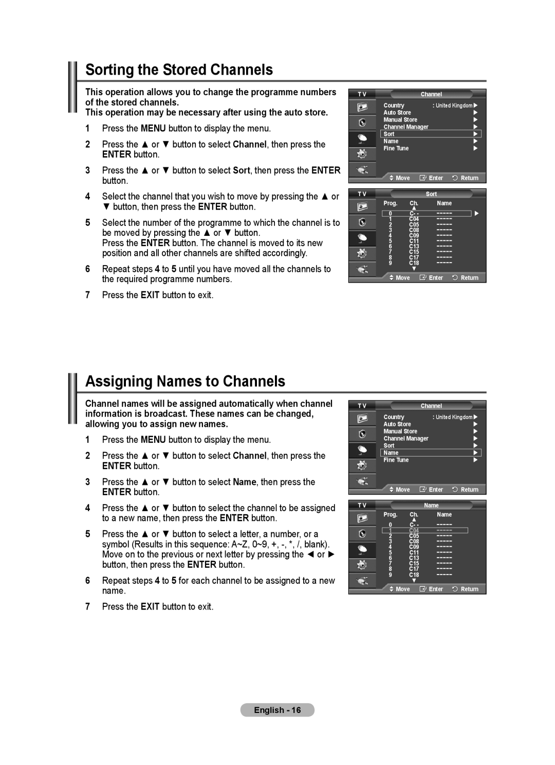 Samsung PS50A40 user manual Sorting the Stored Channels, Assigning Names to Channels 