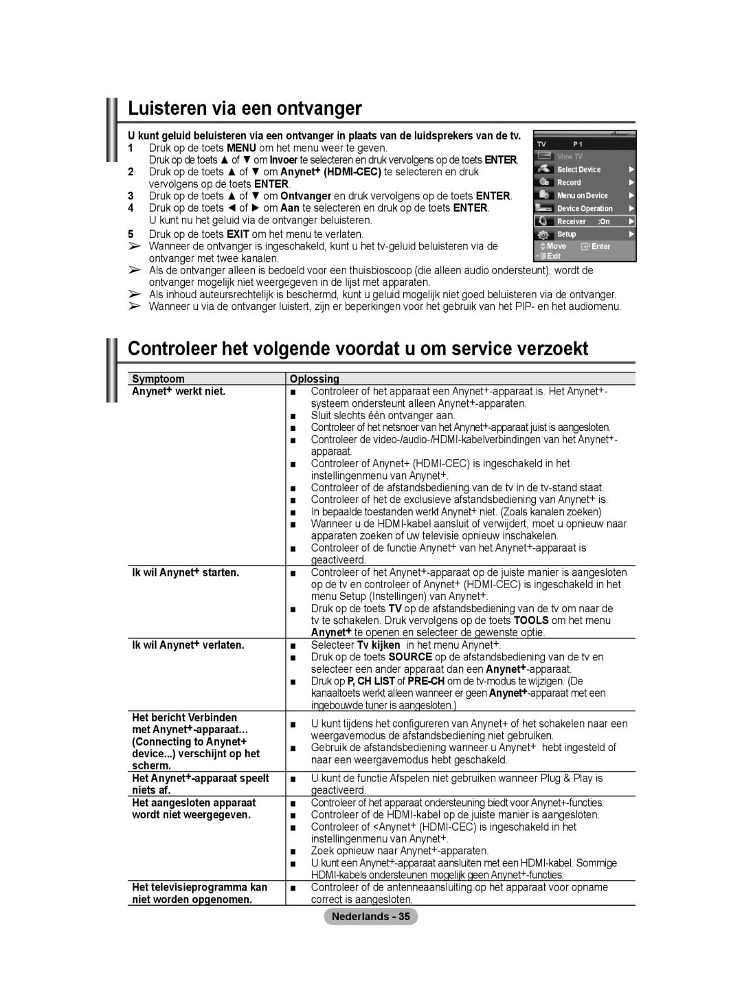 Samsung PS50A40 user manual Luisteren via een ontvanger, Controleer het volgende voordat u om service verzoekt 