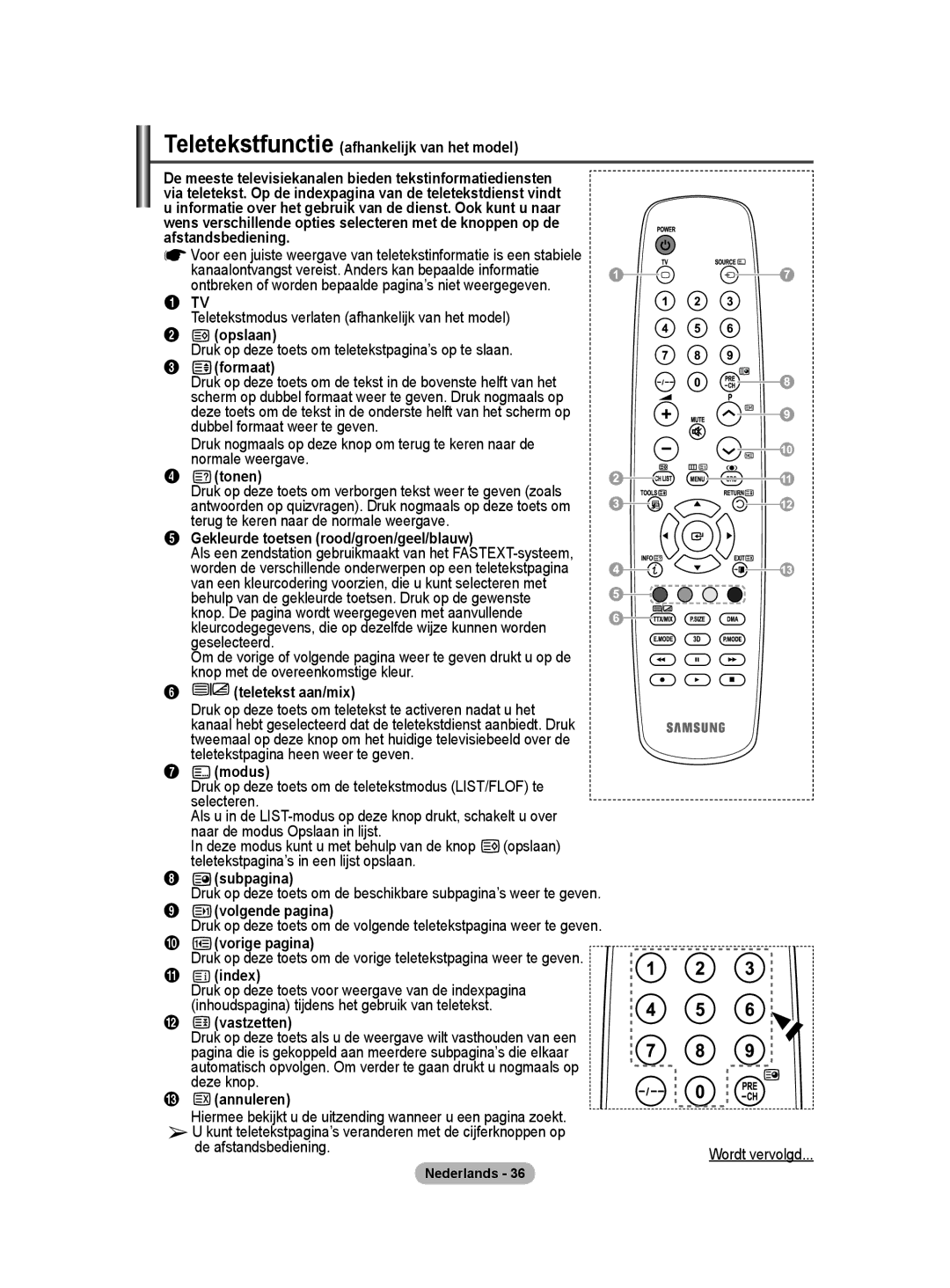 Samsung PS50A40 Teletekstfunctie afhankelijk van het model, Opslaan, Formaat, Tonen, Subpagina, Volgende pagina, Annuleren 