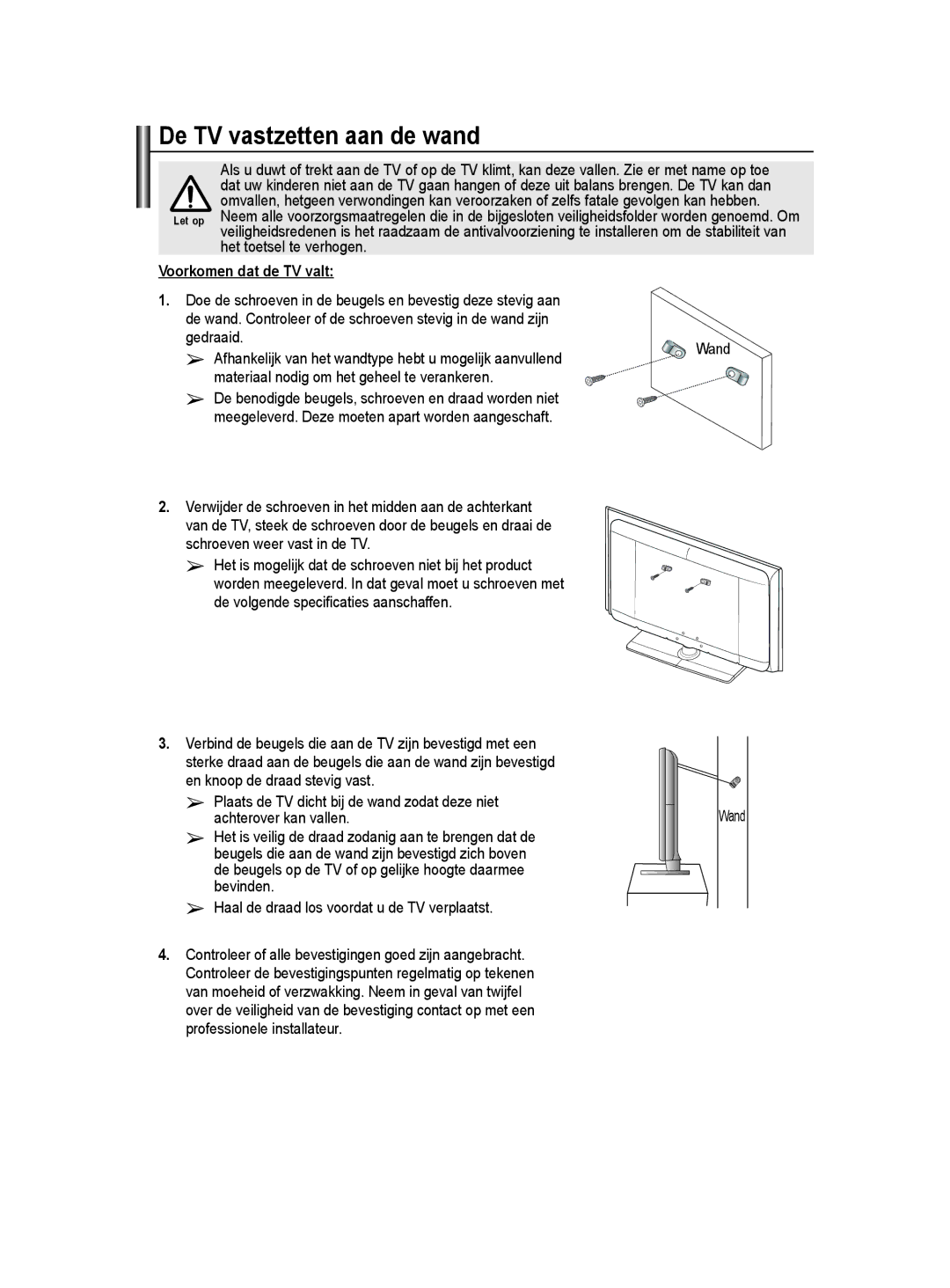 Samsung PS50A40 user manual De TV vastzetten aan de wand, Voorkomen dat de TV valt, Wand 