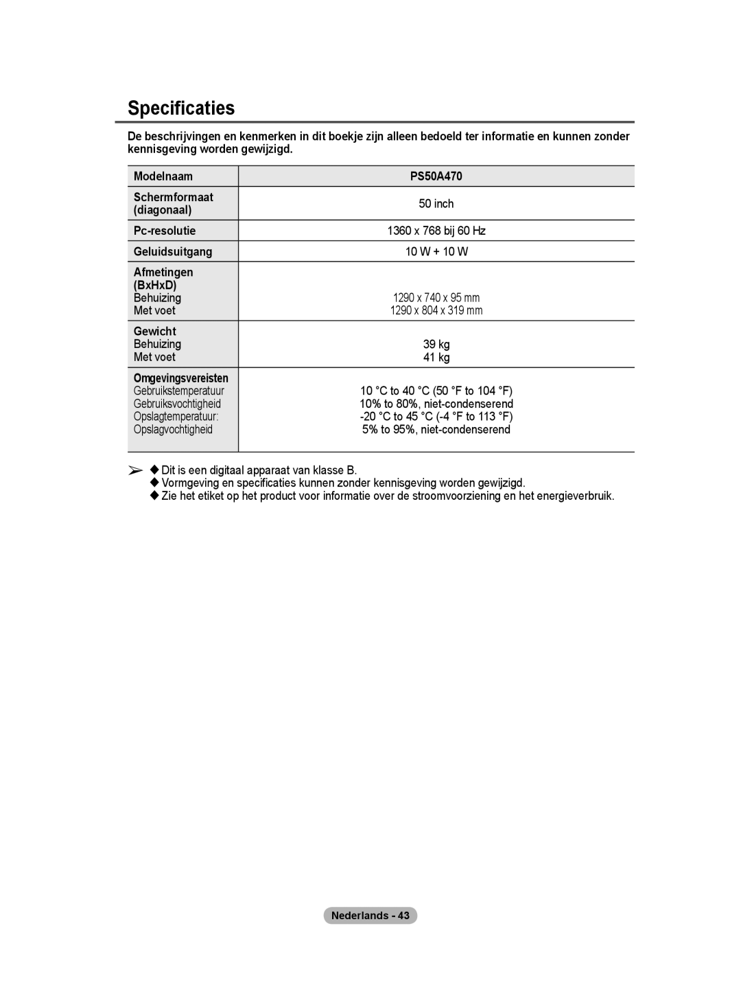 Samsung PS50A40 user manual Specificaties, Diagonaal, Pc-resolutie, Geluidsuitgang, Afmetingen BxHxD 