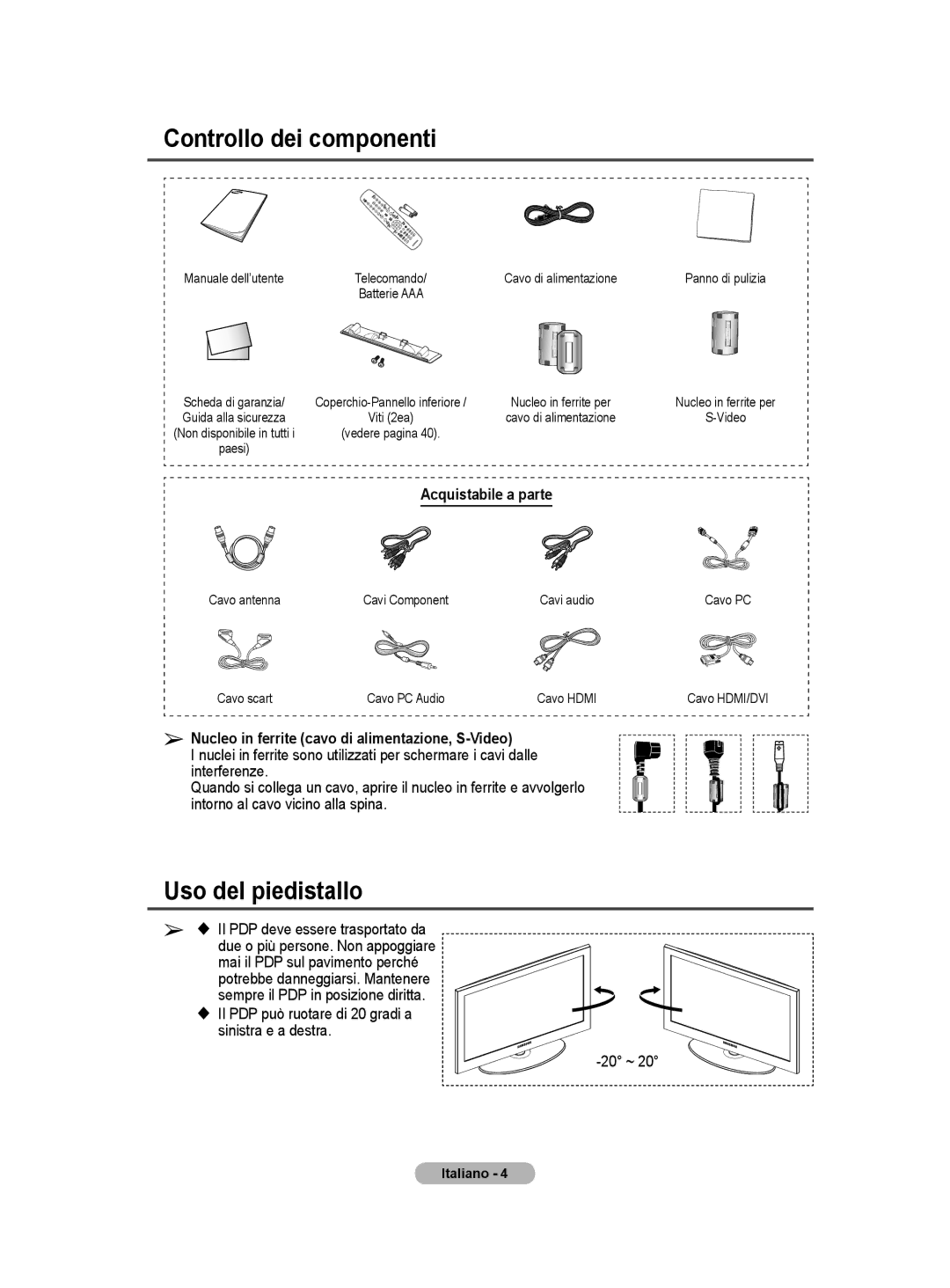 Samsung PS50A40 user manual Controllo dei componenti, Uso del piedistallo, Acquistabile a parte, Italiano 