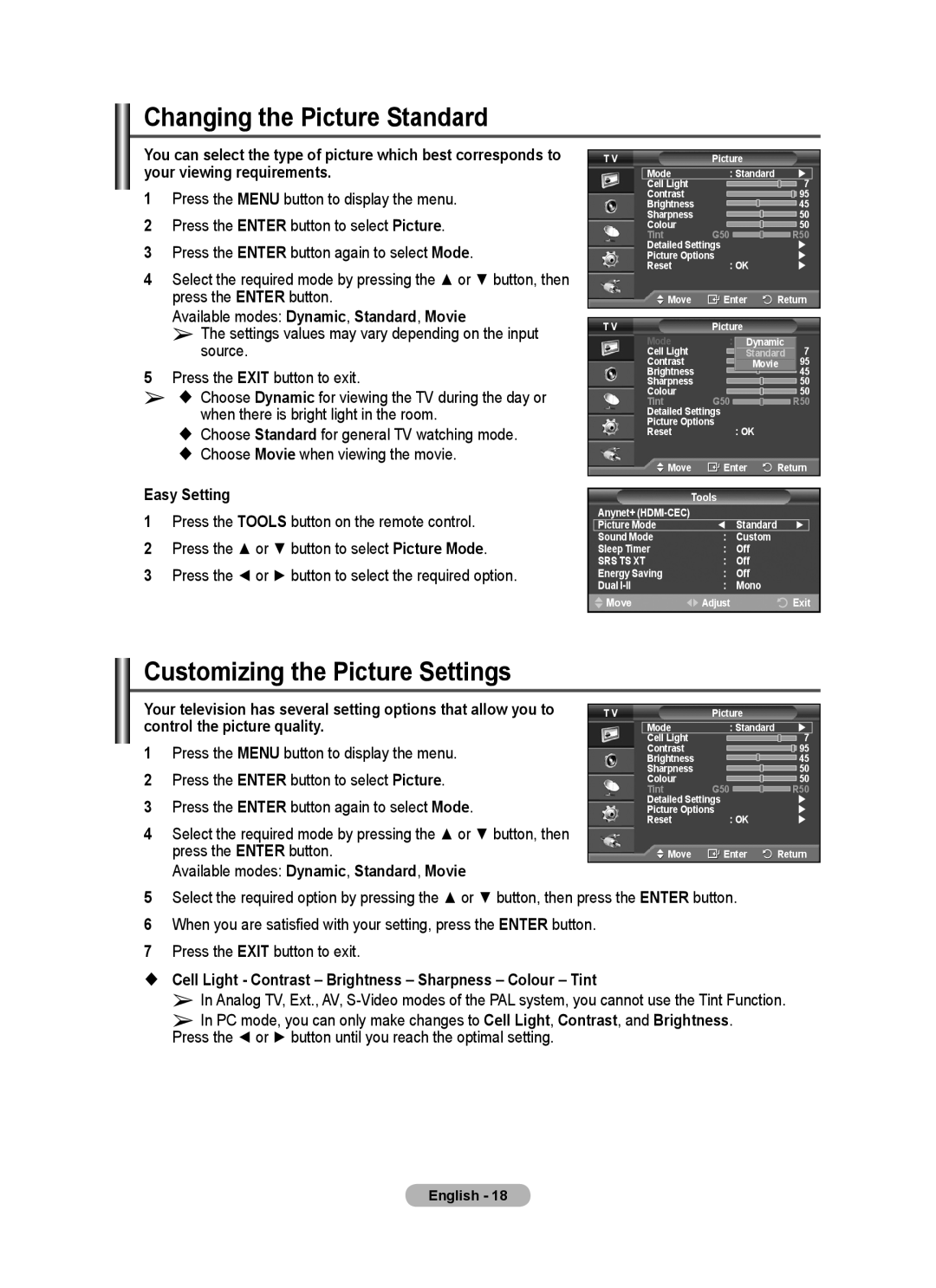 Samsung PS50A40 user manual Changing the Picture Standard, Customizing the Picture Settings, Easy Setting 