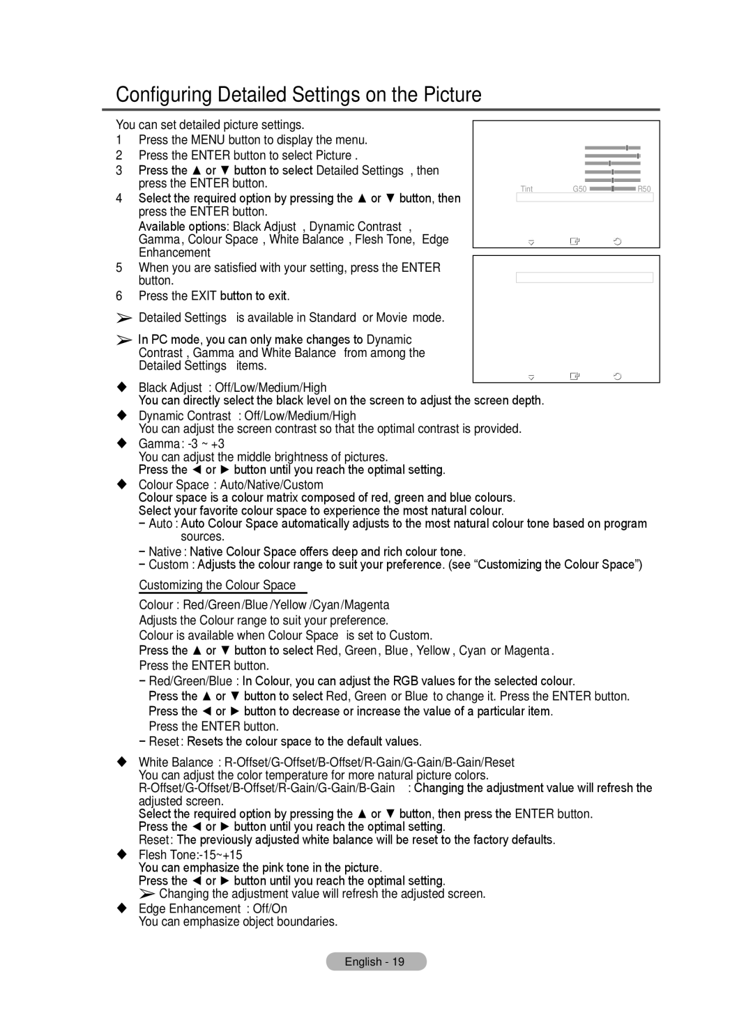 Samsung PS50A40 user manual Configuring Detailed Settings on the Picture 