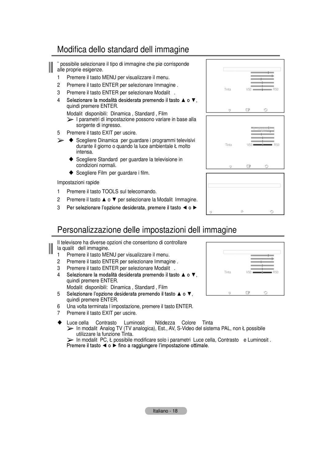 Samsung PS50A40 user manual Modifica dello standard dell’immagine, Personalizzazione delle impostazioni dell’immagine 