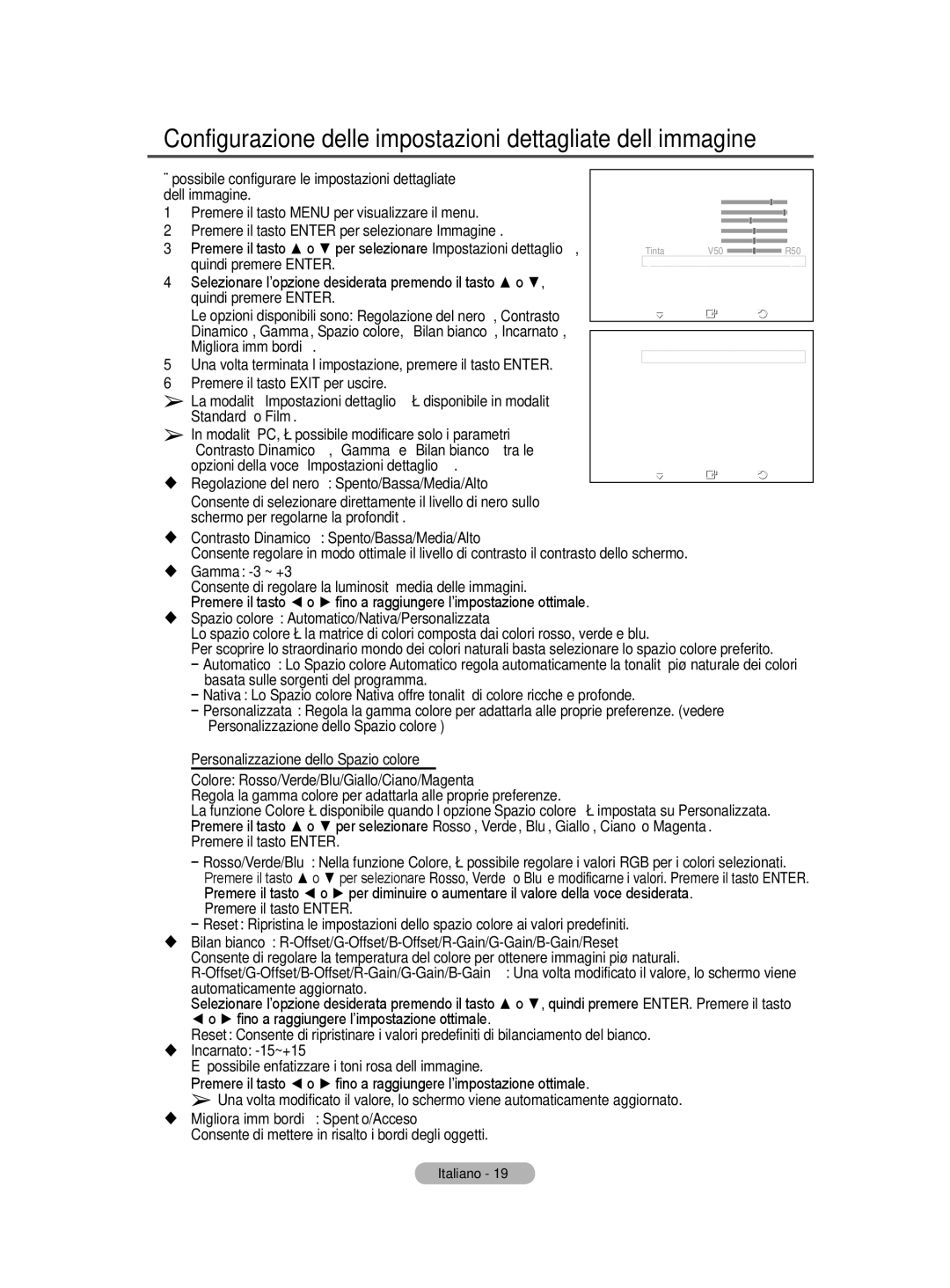 Samsung PS50A40 Configurazione delle impostazioni dettagliate dell’immagine,  Contrasto Dinamico Spento/Bassa/Media/Alto 