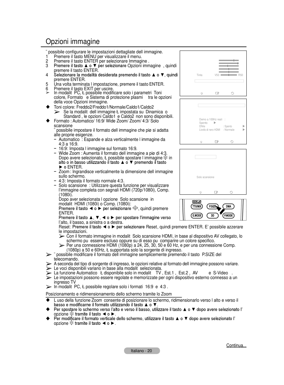 Samsung PS50A40 user manual Della voce Opzioni immagine, Scansione, Enter 