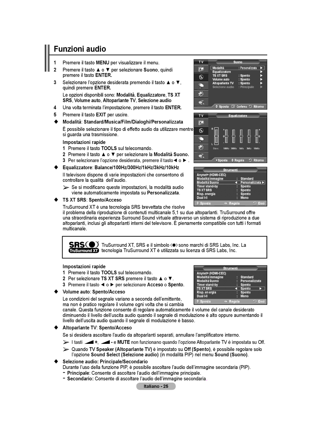 Samsung PS50A40 user manual Funzioni audio 