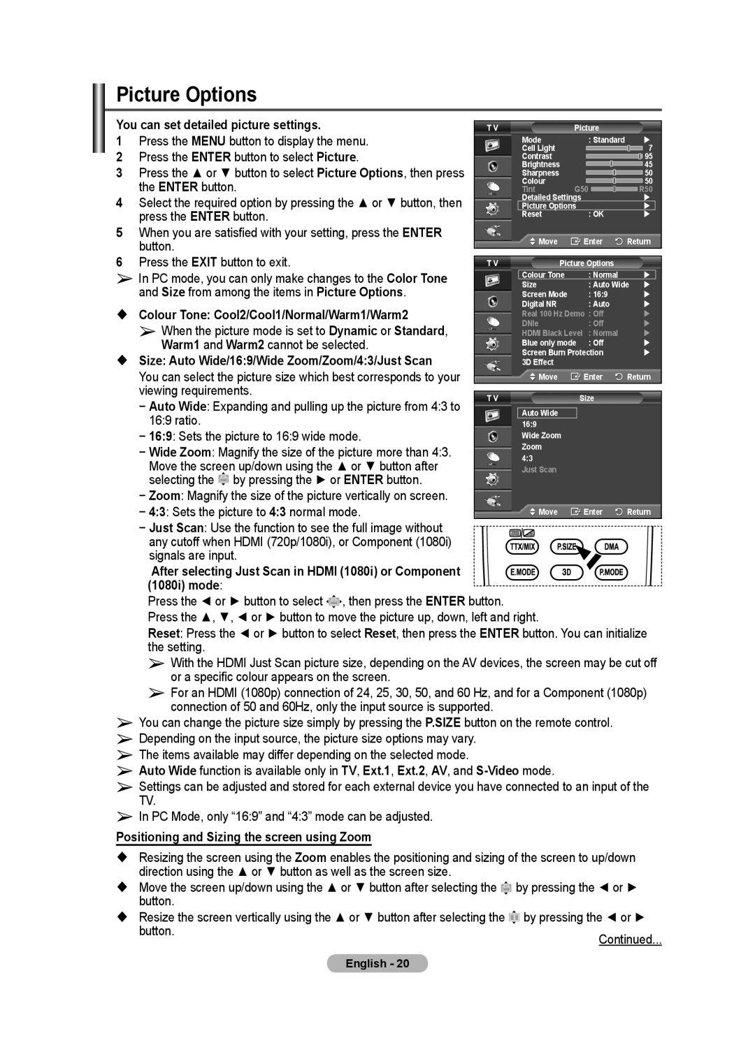 Samsung PS50A40 user manual Picture Options 