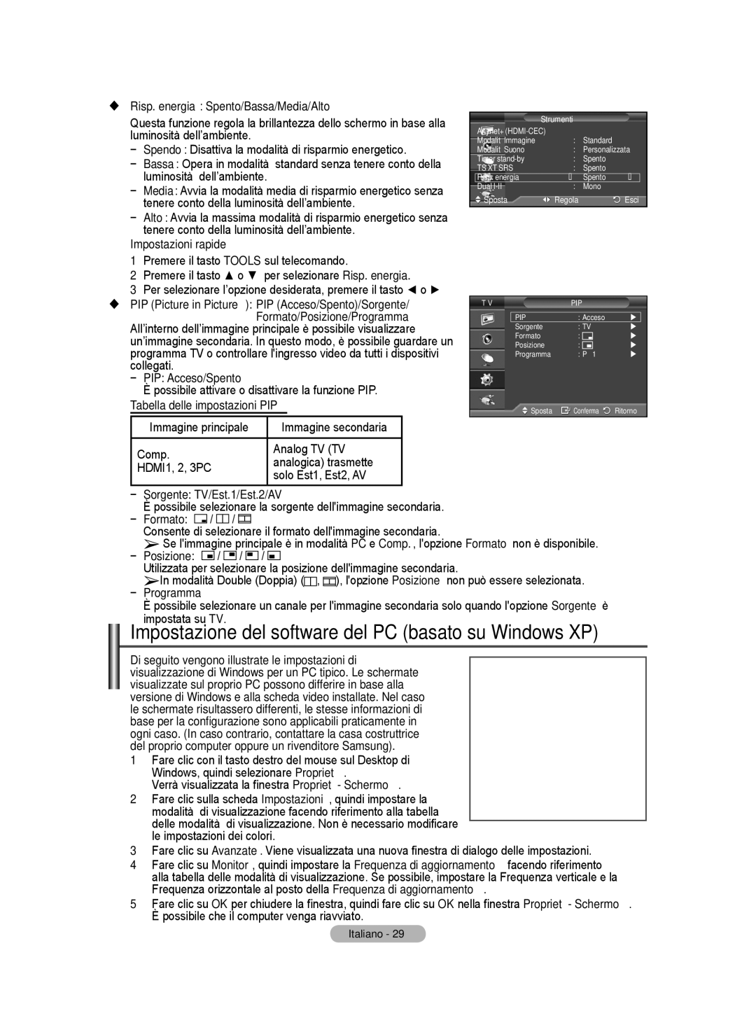 Samsung PS50A40 user manual Impostazione del software del PC basato su Windows XP 