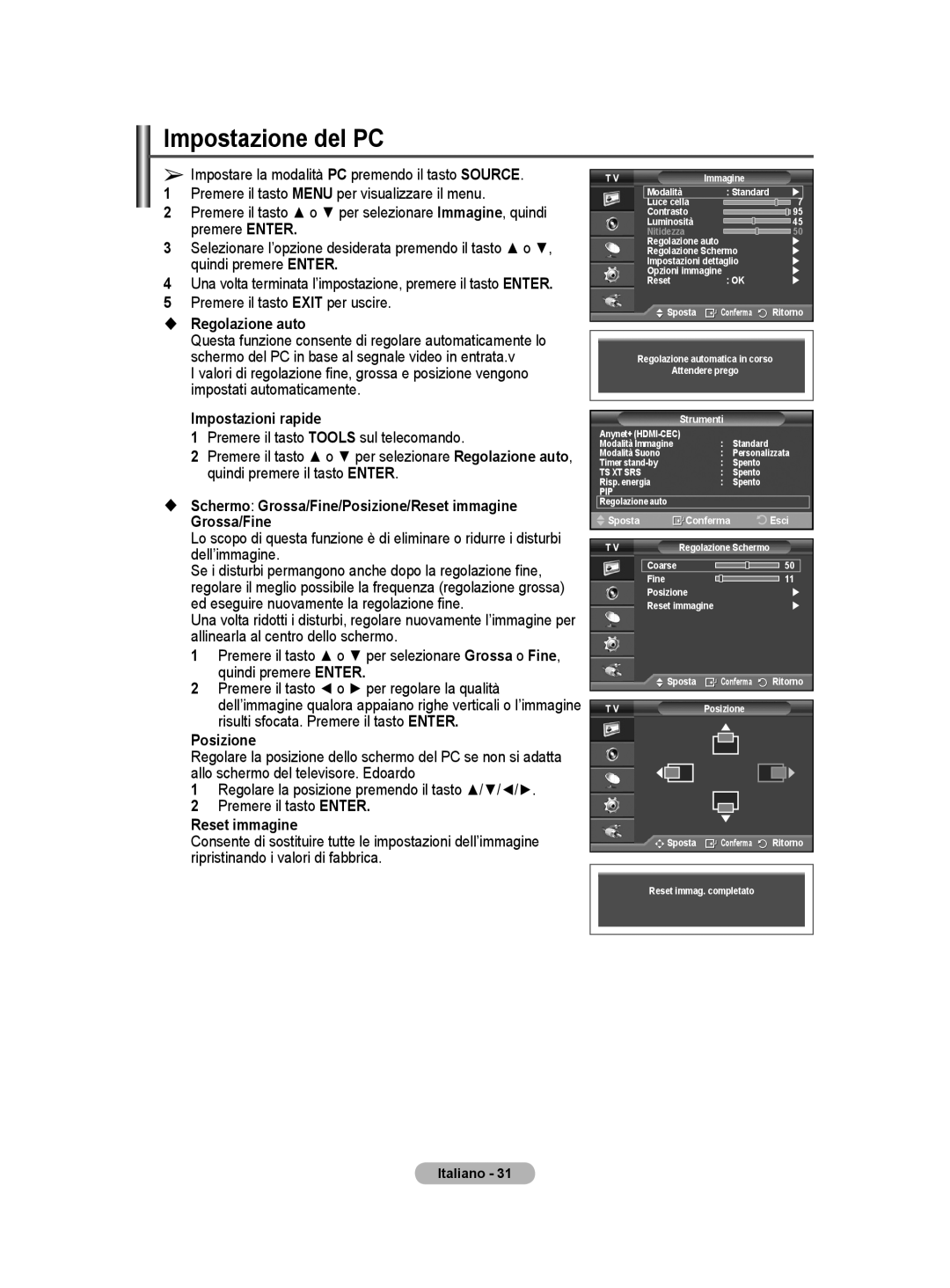 Samsung PS50A40 user manual Impostazione del PC,  Regolazione auto,  Schermo Grossa/Fine/Posizione/Reset immagine 