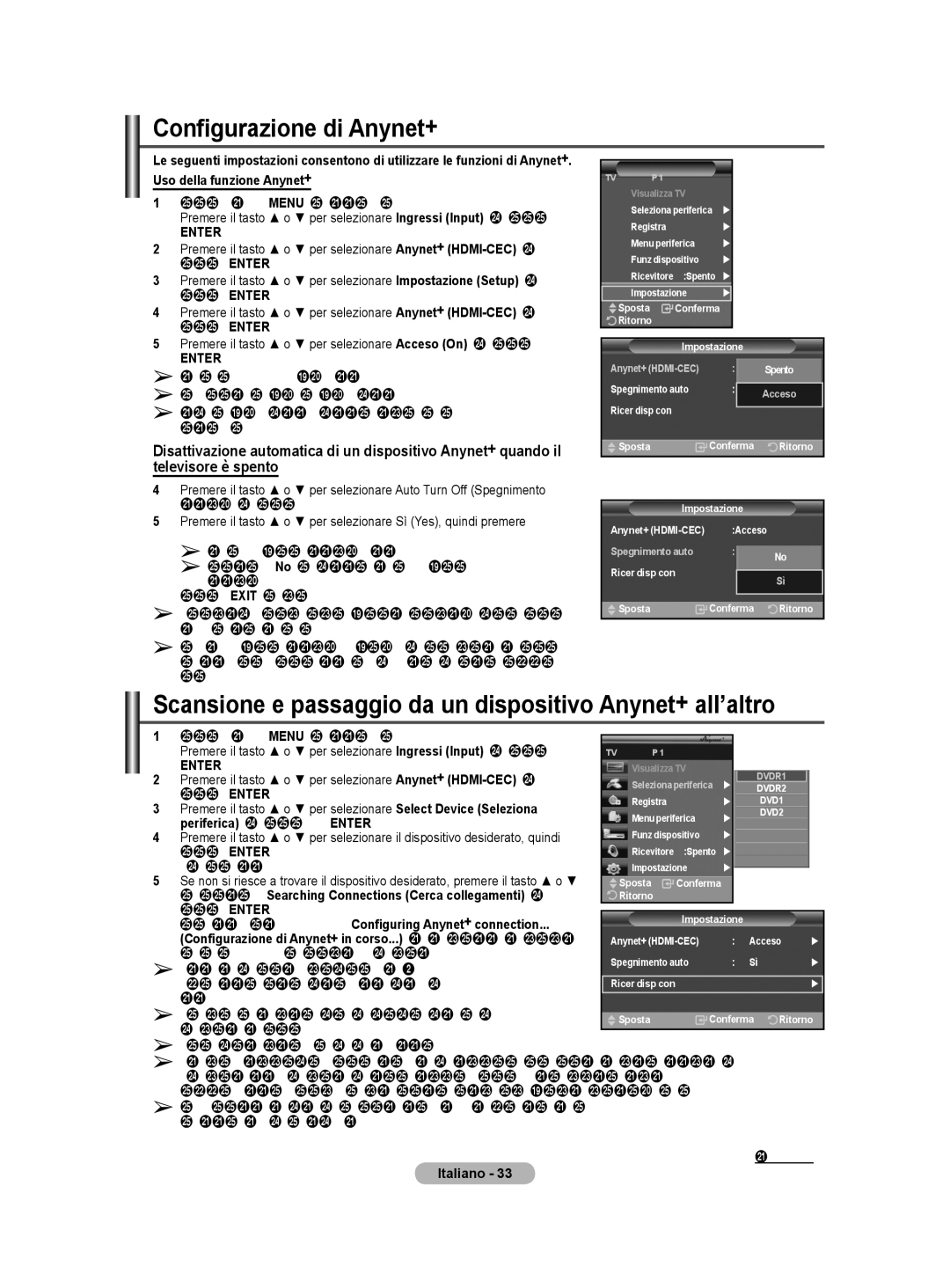 Samsung PS50A40 user manual Configurazione di Anynet+, Scansione e passaggio da un dispositivo Anynet+ all’altro 