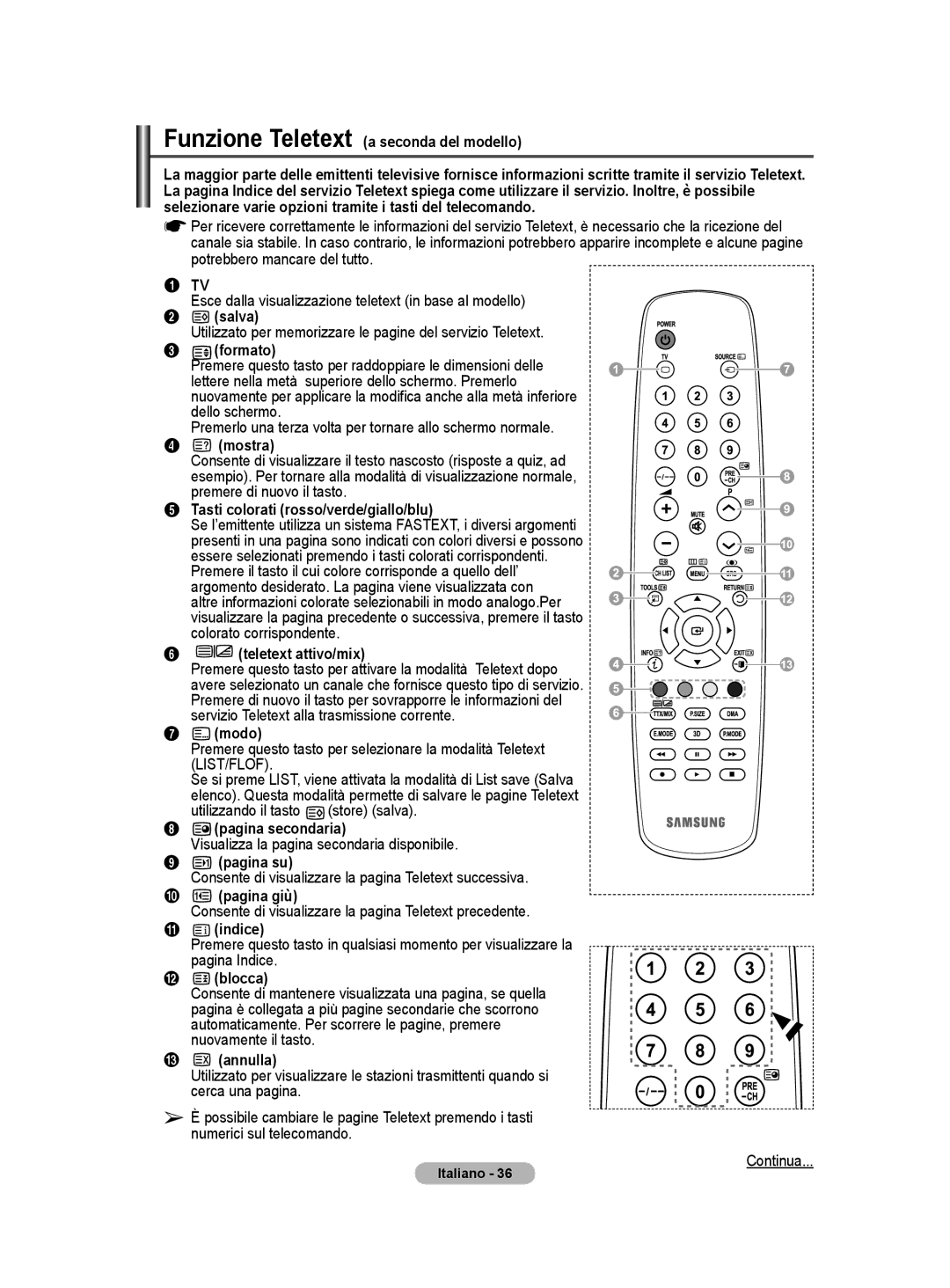 Samsung PS50A40 Funzione Teletext a seconda del modello, Esce dalla visualizzazione teletext in base al modello, Salva 