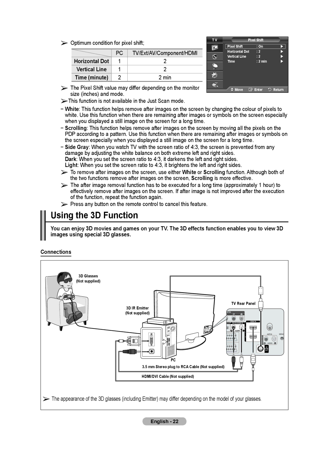 Samsung PS50A40 user manual Using the D Function, Optimum condition for pixel shift, Vertical Line Time minute, English  