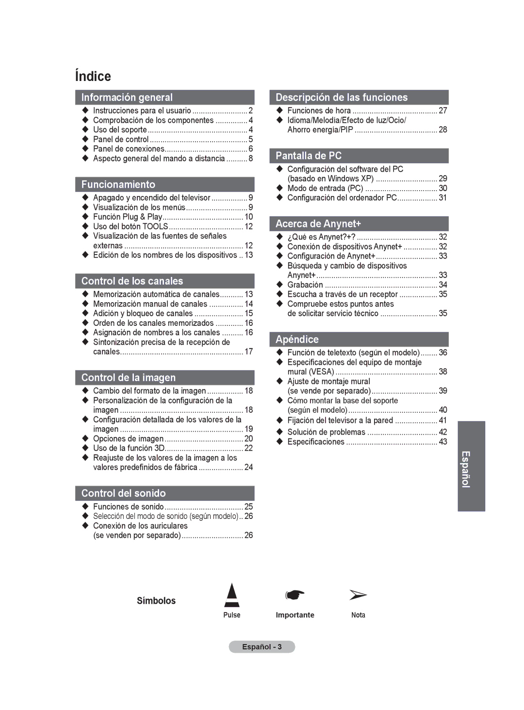 Samsung PS50A40 user manual Índice 