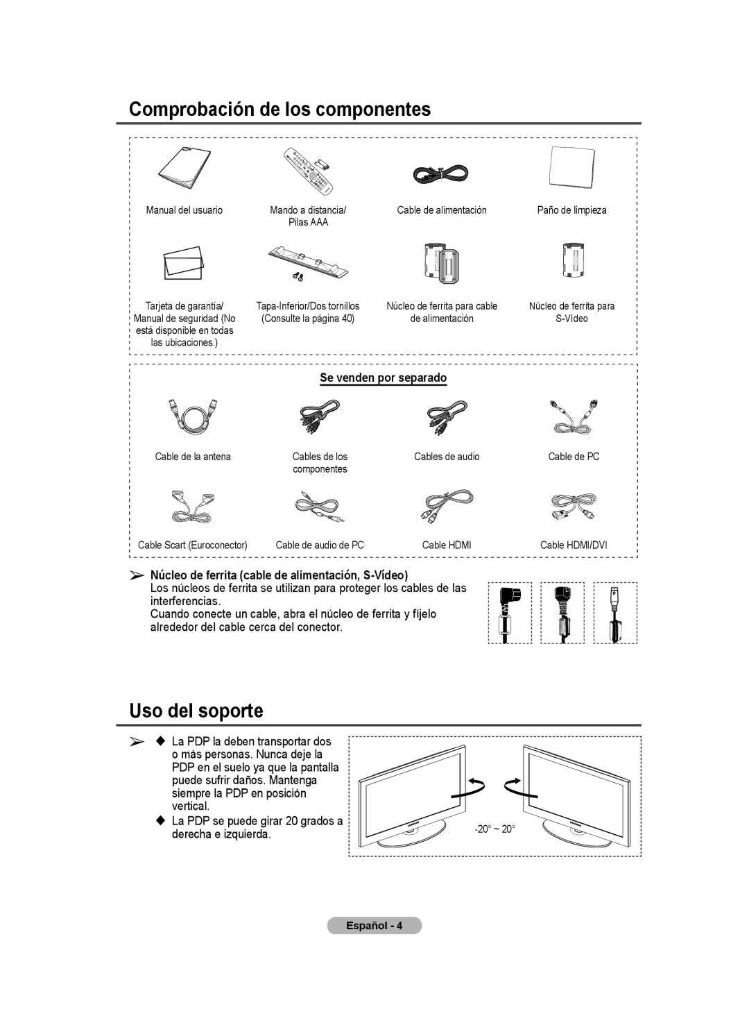 Samsung PS50A40 user manual Comprobación de los componentes, Uso del soporte, Se venden por separado, Derecha e izquierda 