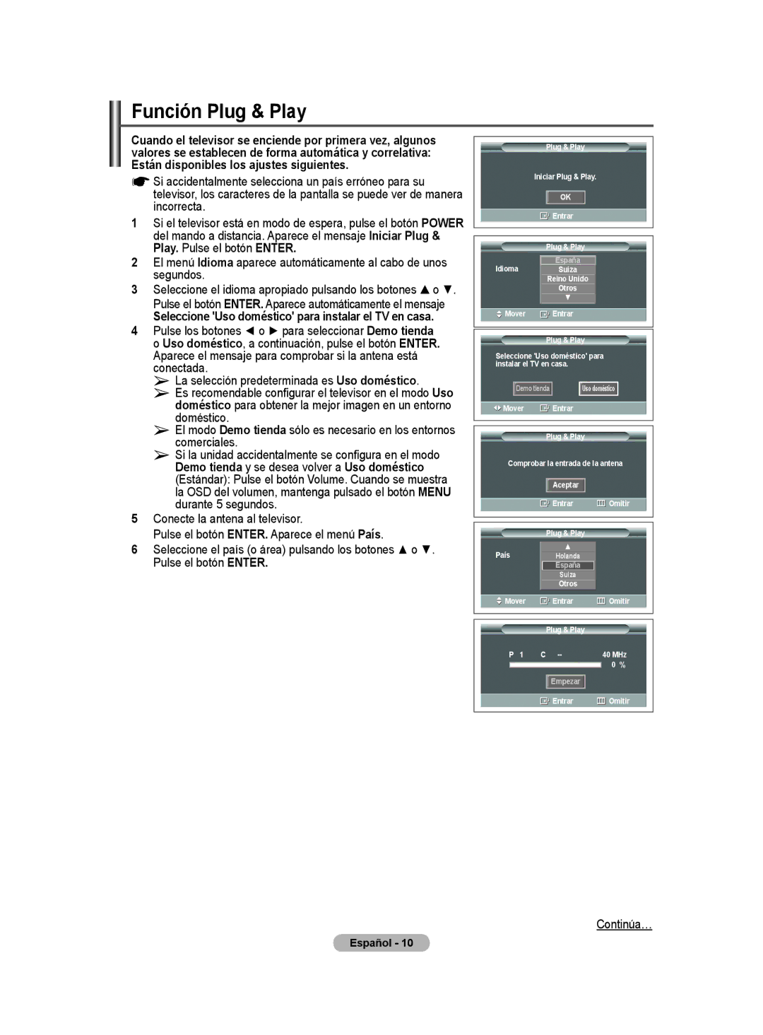 Samsung PS50A40 user manual Función Plug & Play, Seleccione Uso doméstico para instalar el TV en casa 