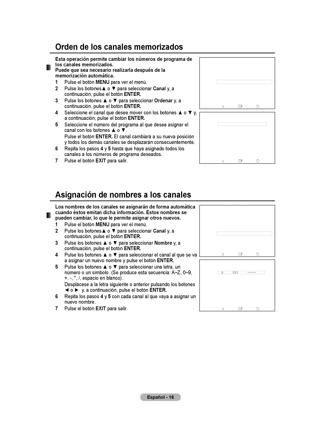 Samsung PS50A40 user manual Orden de los canales memorizados, Asignación de nombres a los canales 