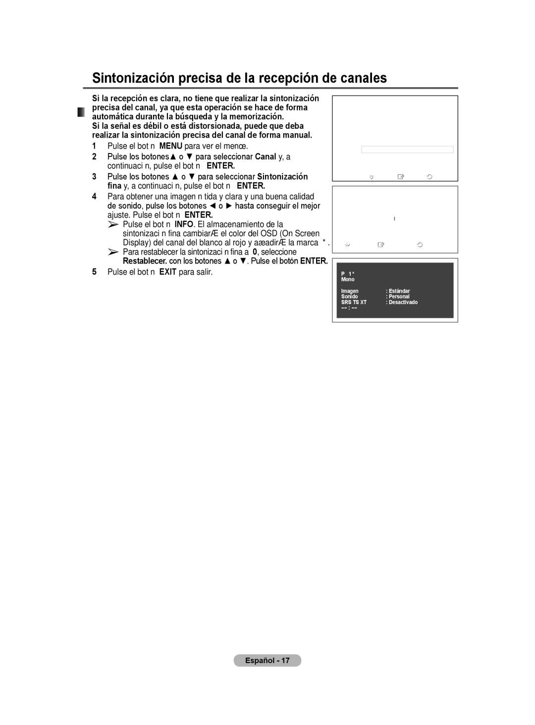 Samsung PS50A40 user manual Sintonización precisa de la recepción de canales 