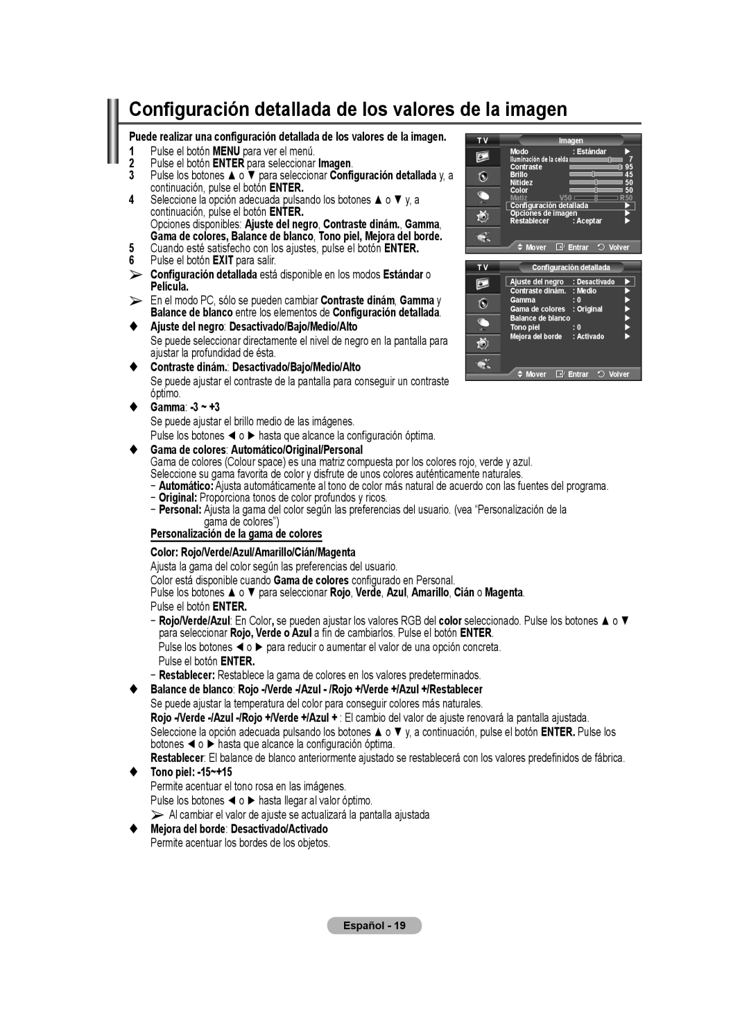 Samsung PS50A40 Configuración detallada de los valores de la imagen, Pulse el botón Enter para seleccionar Imagen, Óptimo 