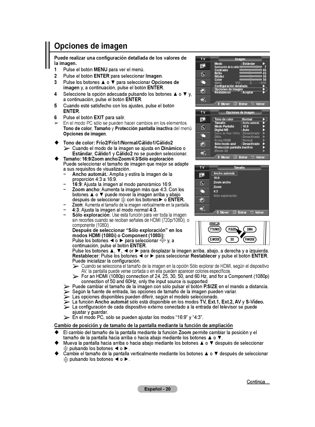 Samsung PS50A40 user manual Opciones de imagen 