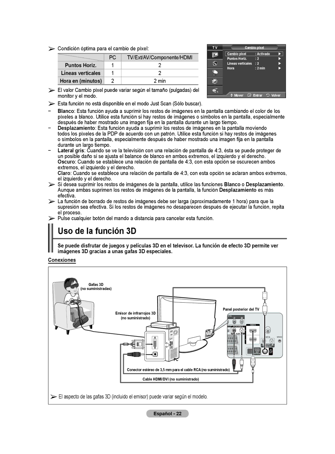 Samsung PS50A40 Uso de la función D, Condición óptima para el cambio de píxel, TV/Ext/AV/Componente/HDMI, Español  