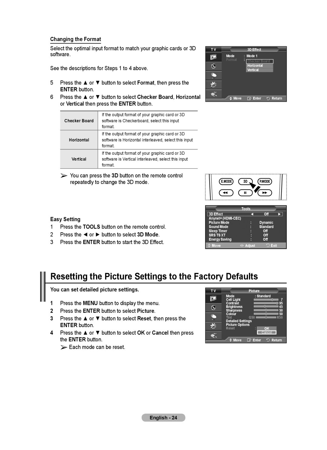 Samsung PS50A40 user manual Resetting the Picture Settings to the Factory Defaults, Changing the Format 