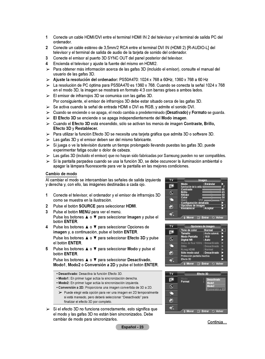 Samsung PS50A40 user manual Cambio de modo 