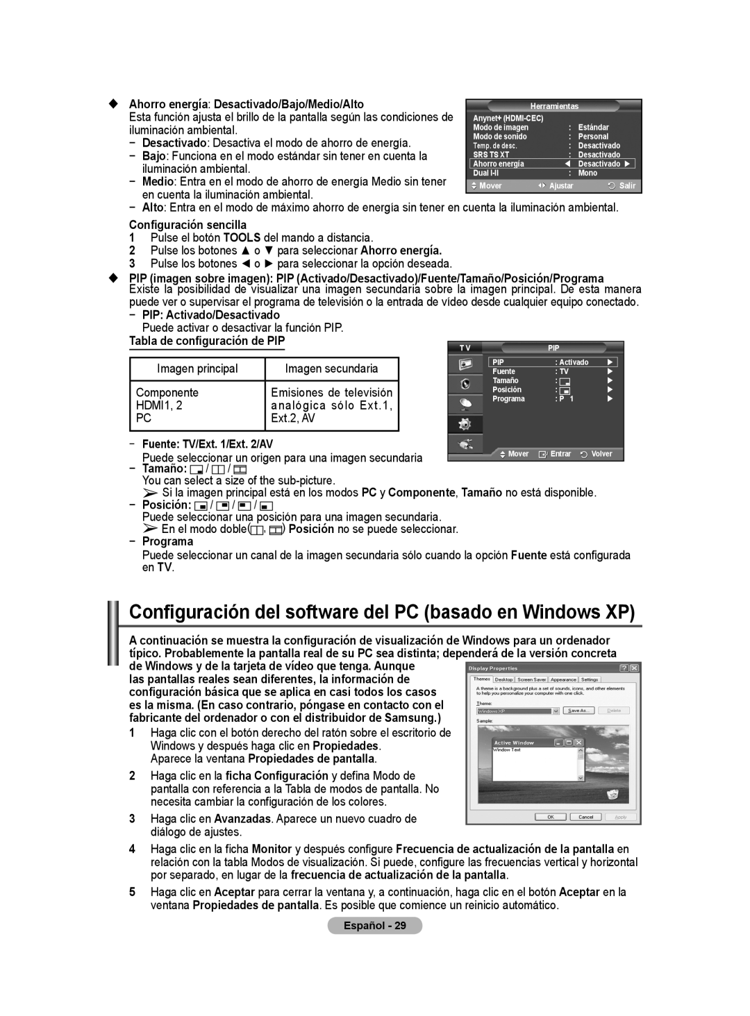 Samsung PS50A40 user manual Configuración del software del PC basado en Windows XP 