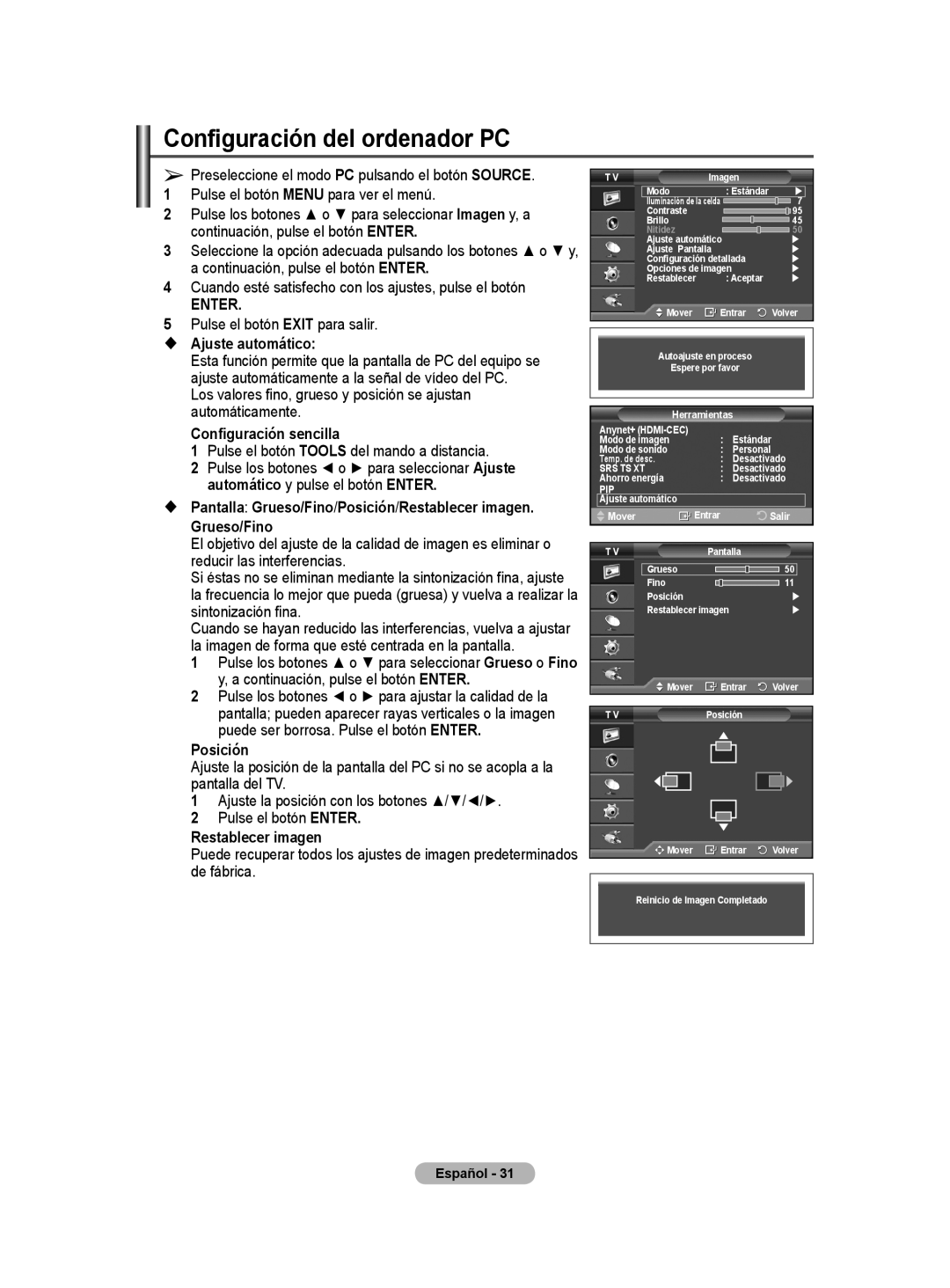 Samsung PS50A40 user manual Configuración del ordenador PC,  Ajuste automático, Grueso/Fino, Posición, Restablecer imagen 