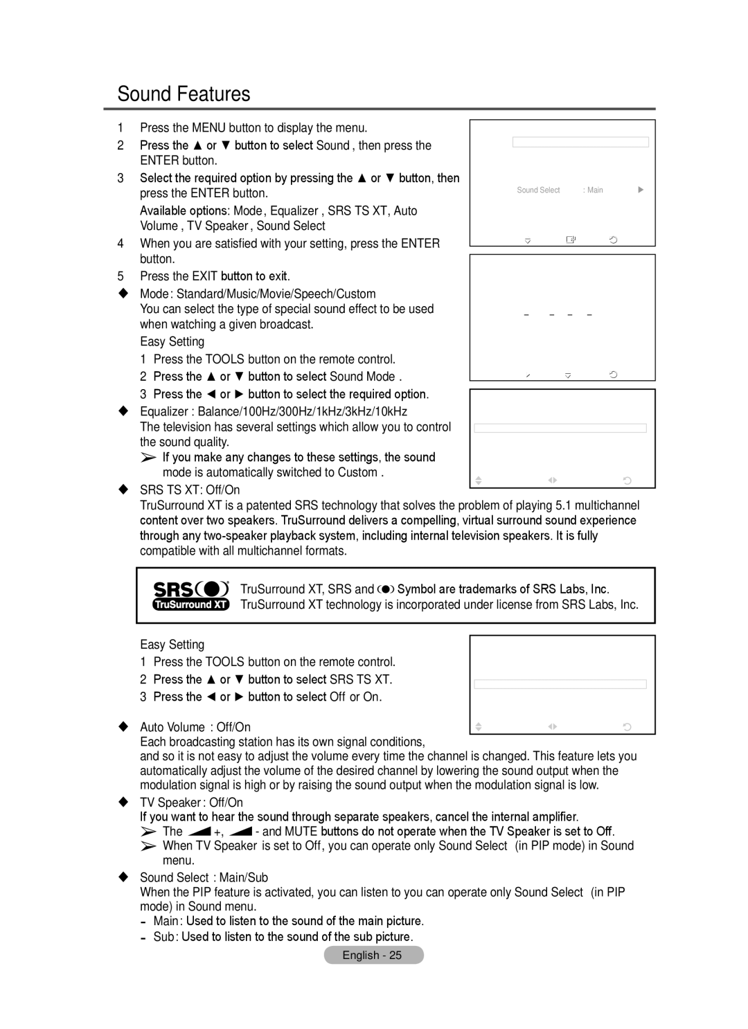 Samsung PS50A40 user manual Sound Features 